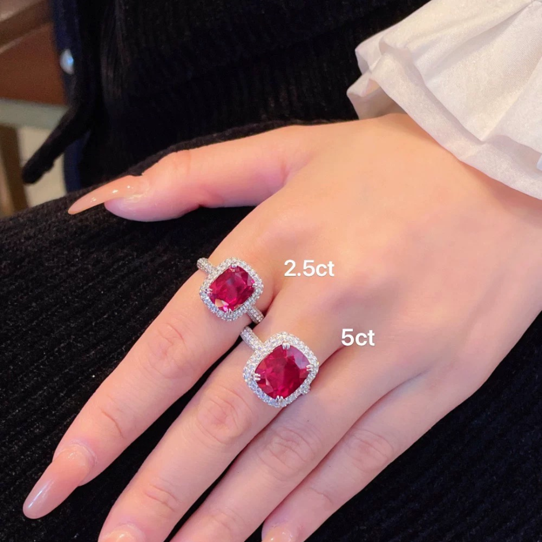 The Scarlet Reverie Ring | Cushion Cut Created Ruby Pavé Halo Ring in 18K Gold Vermeil (2.5ct / 5ct)