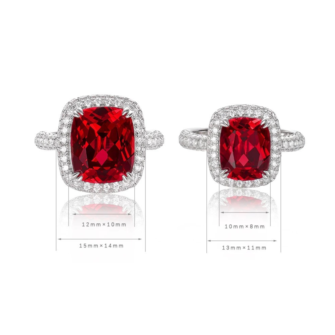 The Scarlet Reverie Ring | Cushion Cut Created Ruby Pavé Halo Ring in 18K Gold Vermeil (2.5ct / 5ct)