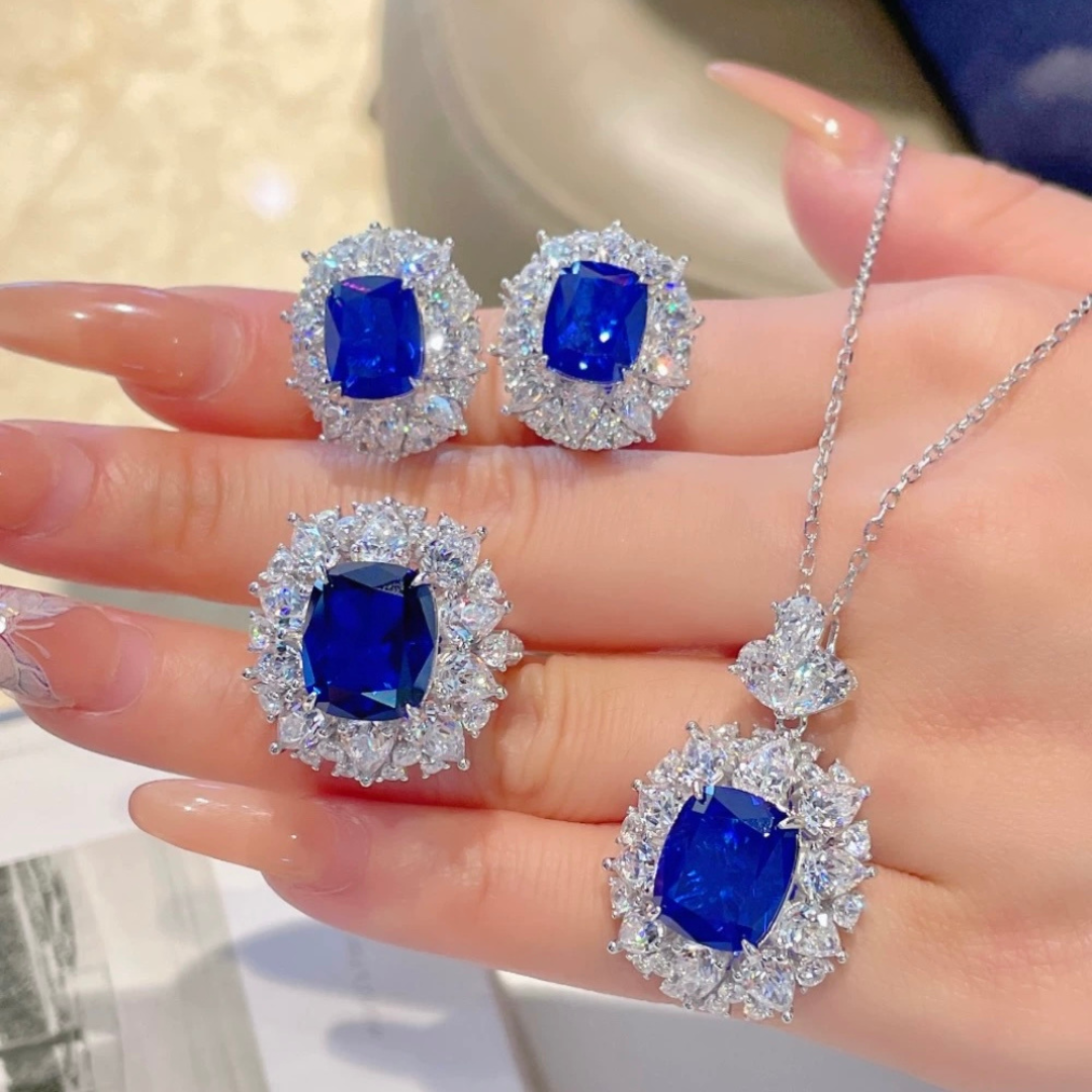 The Blue Danube Earrings | Cushion Cut Created Royal Blue Sapphire Halo Studs in 18k Gold Vermeil
