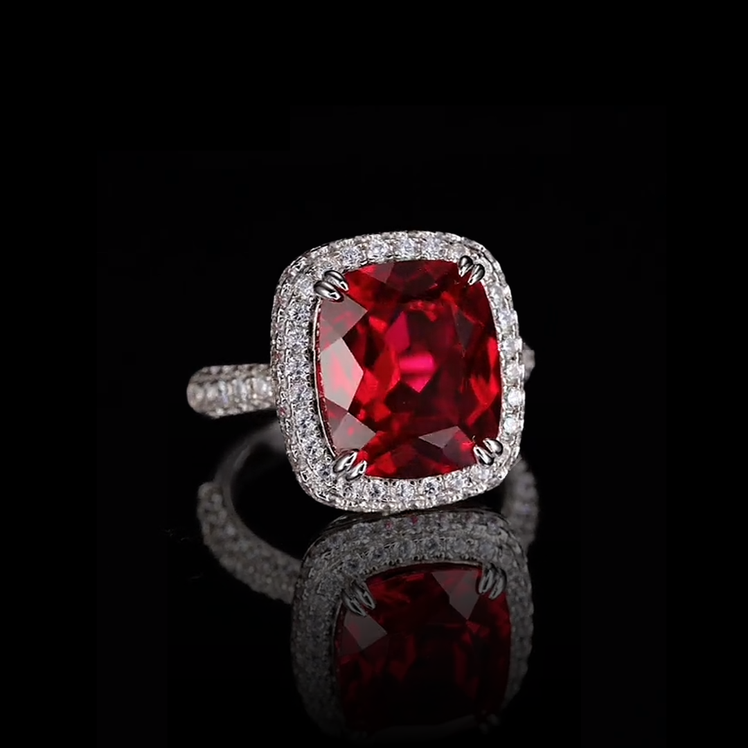The Scarlet Reverie Ring | Cushion Cut Created Ruby Pavé Halo Ring in 18K Gold Vermeil (2.5ct / 5ct)