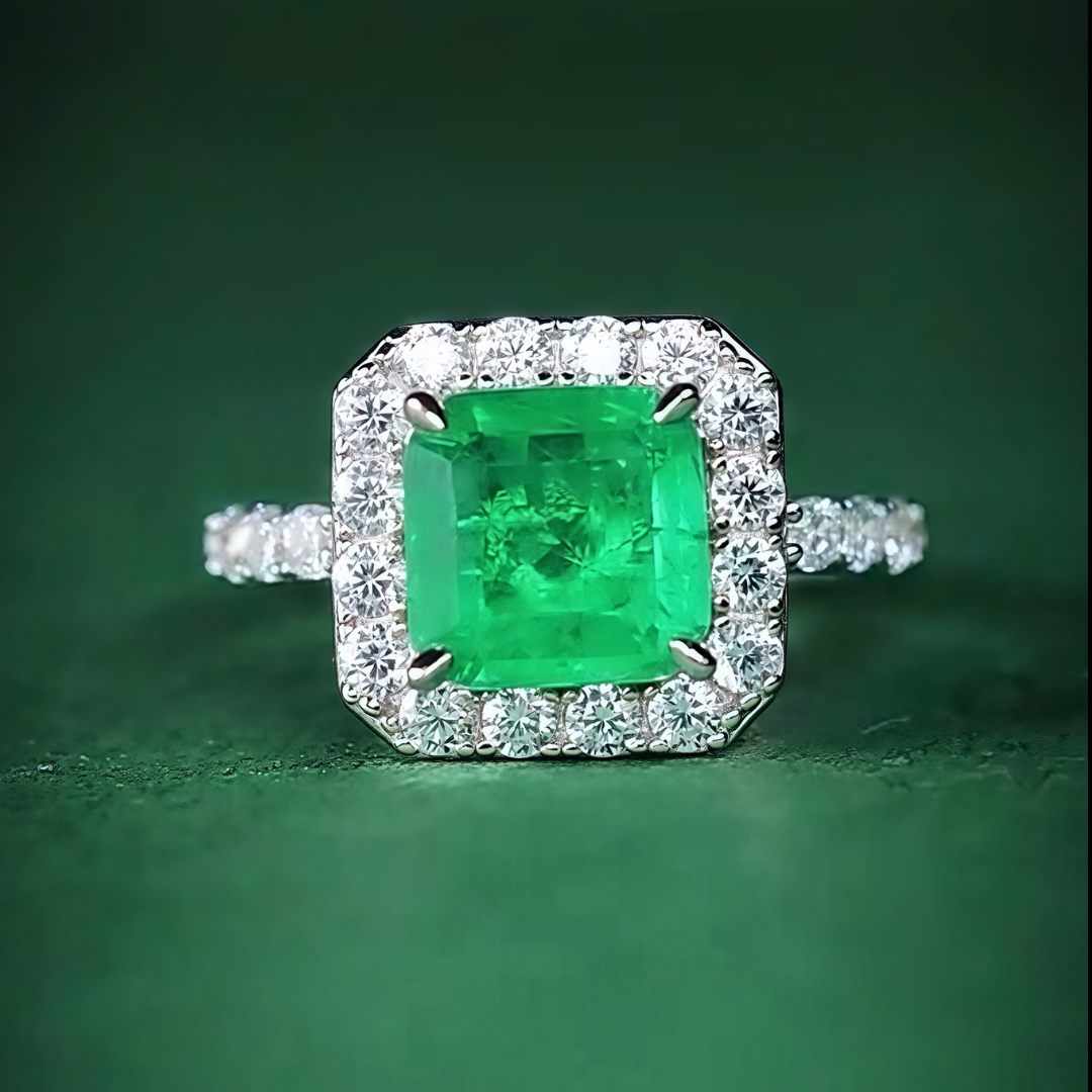 Garden Light Ring | 2ct Cushion Cut Created Emerald Halo Ring in 18k White Gold Vermeil