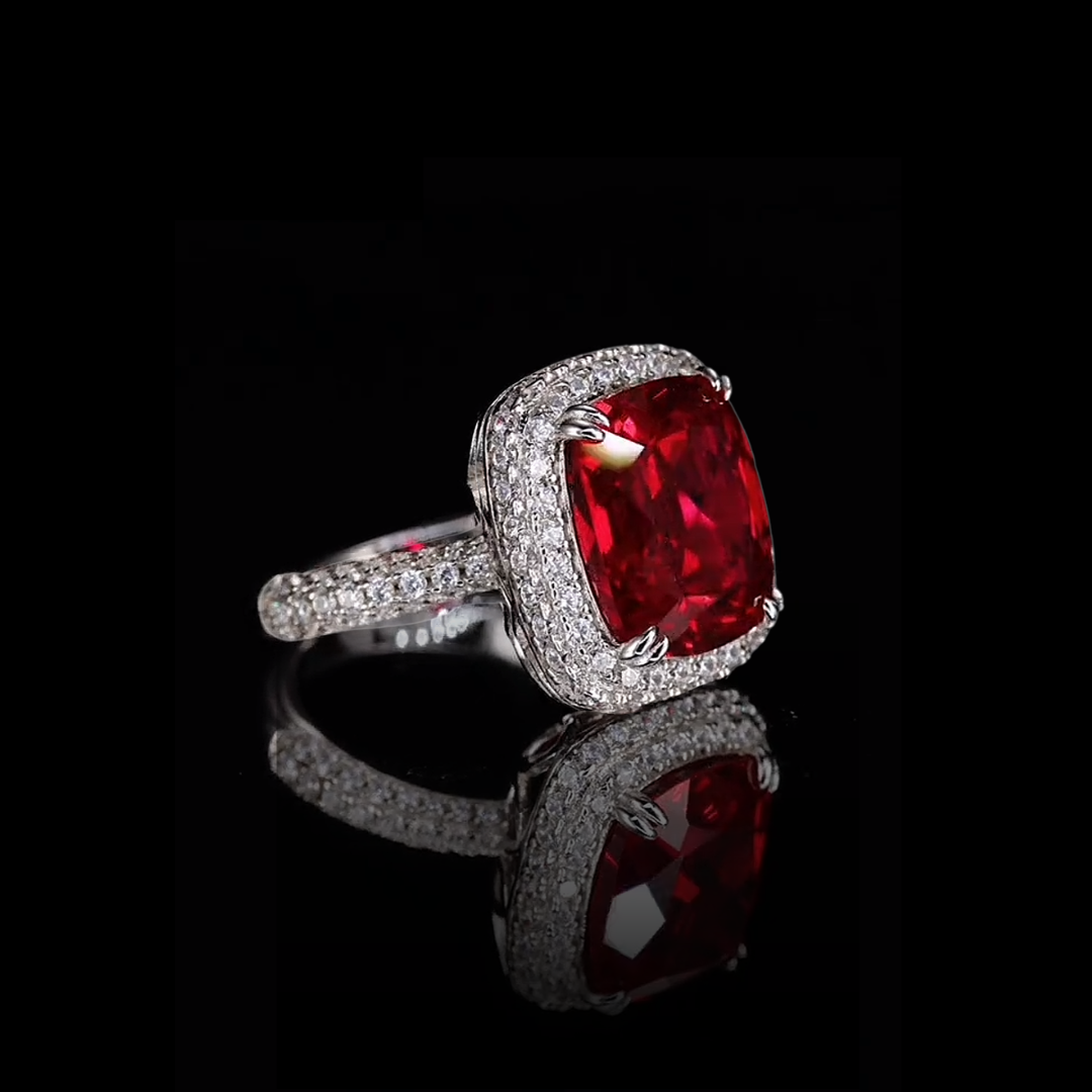 The Scarlet Reverie Ring | Cushion Cut Created Ruby Pavé Halo Ring in 18K Gold Vermeil (2.5ct / 5ct)