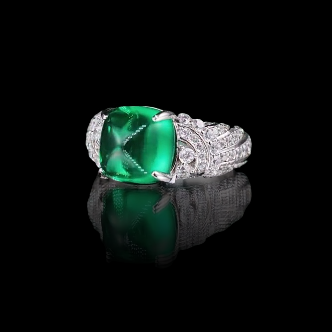 Verdant Embrace Ring | 5ct Sugarloaf Cut Created Emerald Pavé Ring in 18k White Gold Vermeil