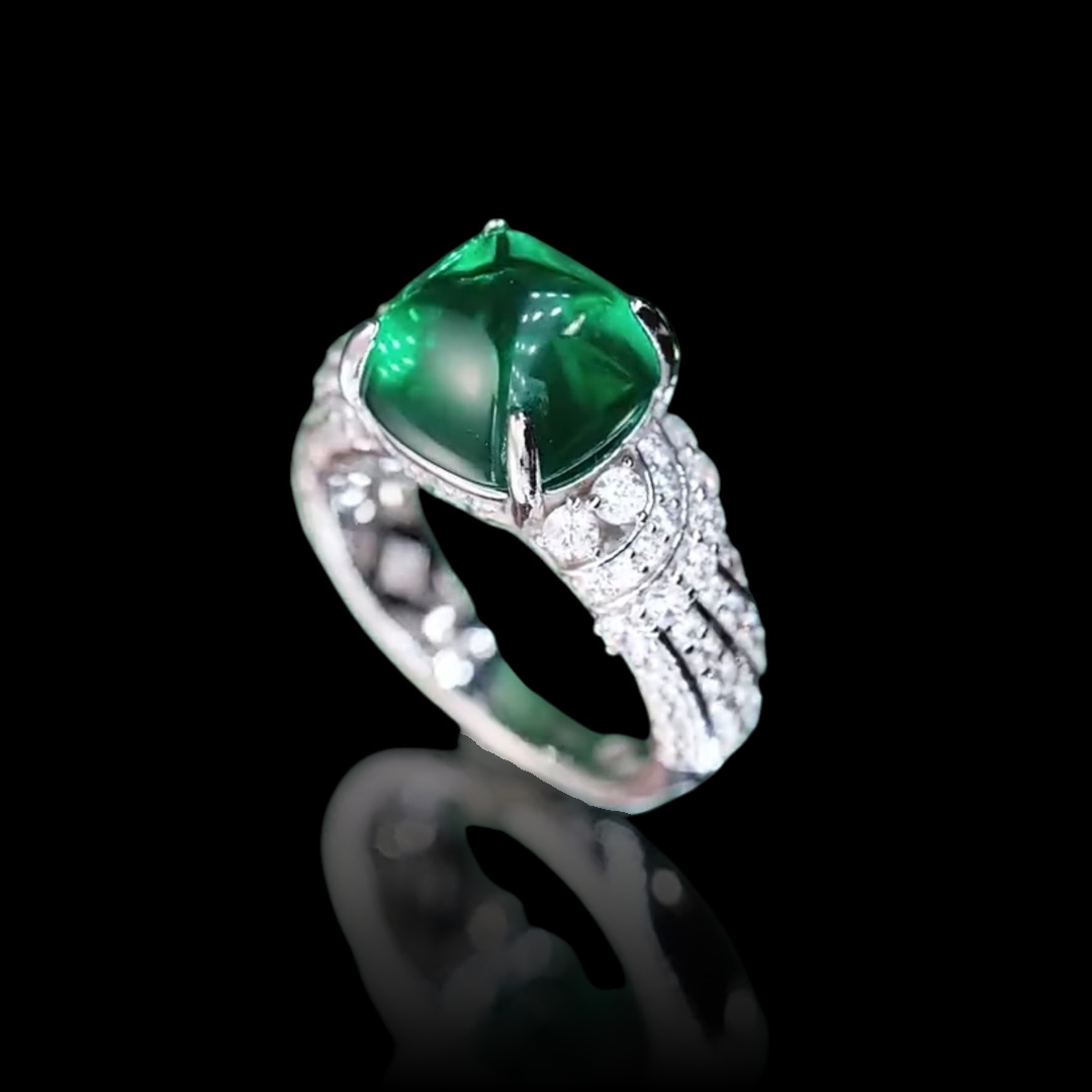Verdant Embrace Ring | 5ct Sugarloaf Cut Created Emerald Pavé Ring in 18k White Gold Vermeil