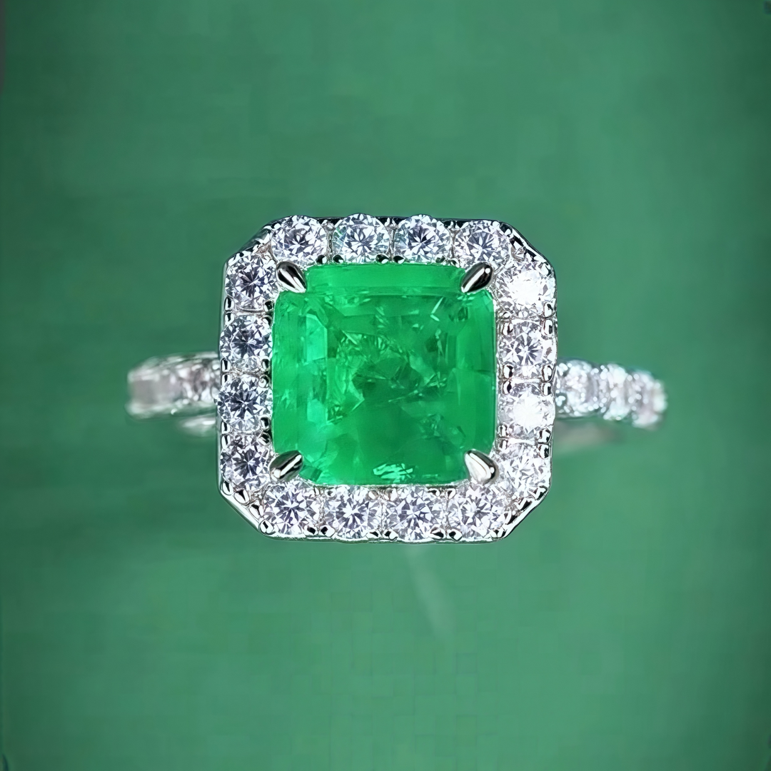 Garden Light Ring | 2ct Cushion Cut Created Emerald Halo Ring in 18k White Gold Vermeil