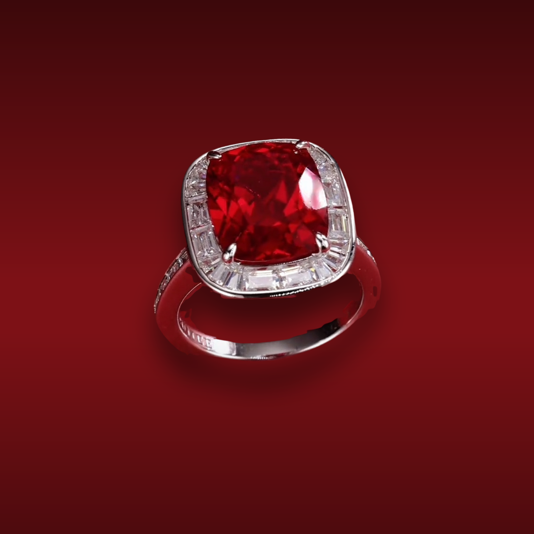 The Scarlet Reverie Ring | Cushion Cut Created Ruby Pavé Halo Ring in 18K Gold Vermeil (2.5ct / 5ct)