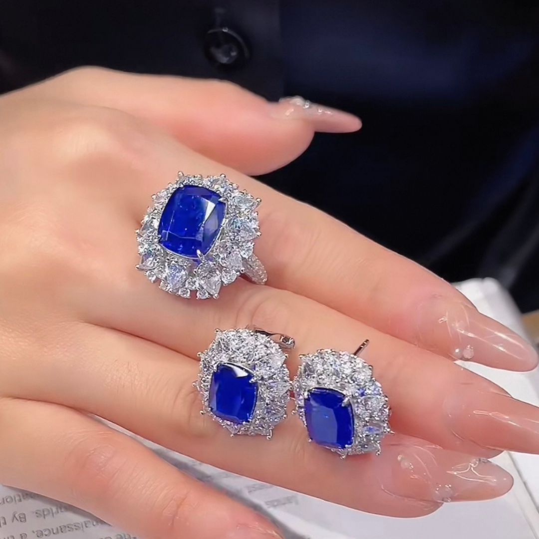 The Blue Danube Earrings | Cushion Cut Created Royal Blue Sapphire Halo Studs in 18k Gold Vermeil