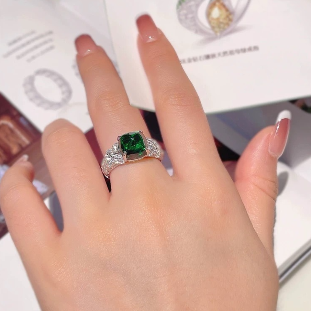 Verdant Embrace Ring | 5ct Sugarloaf Cut Created Emerald Pavé Ring in 18k White Gold Vermeil