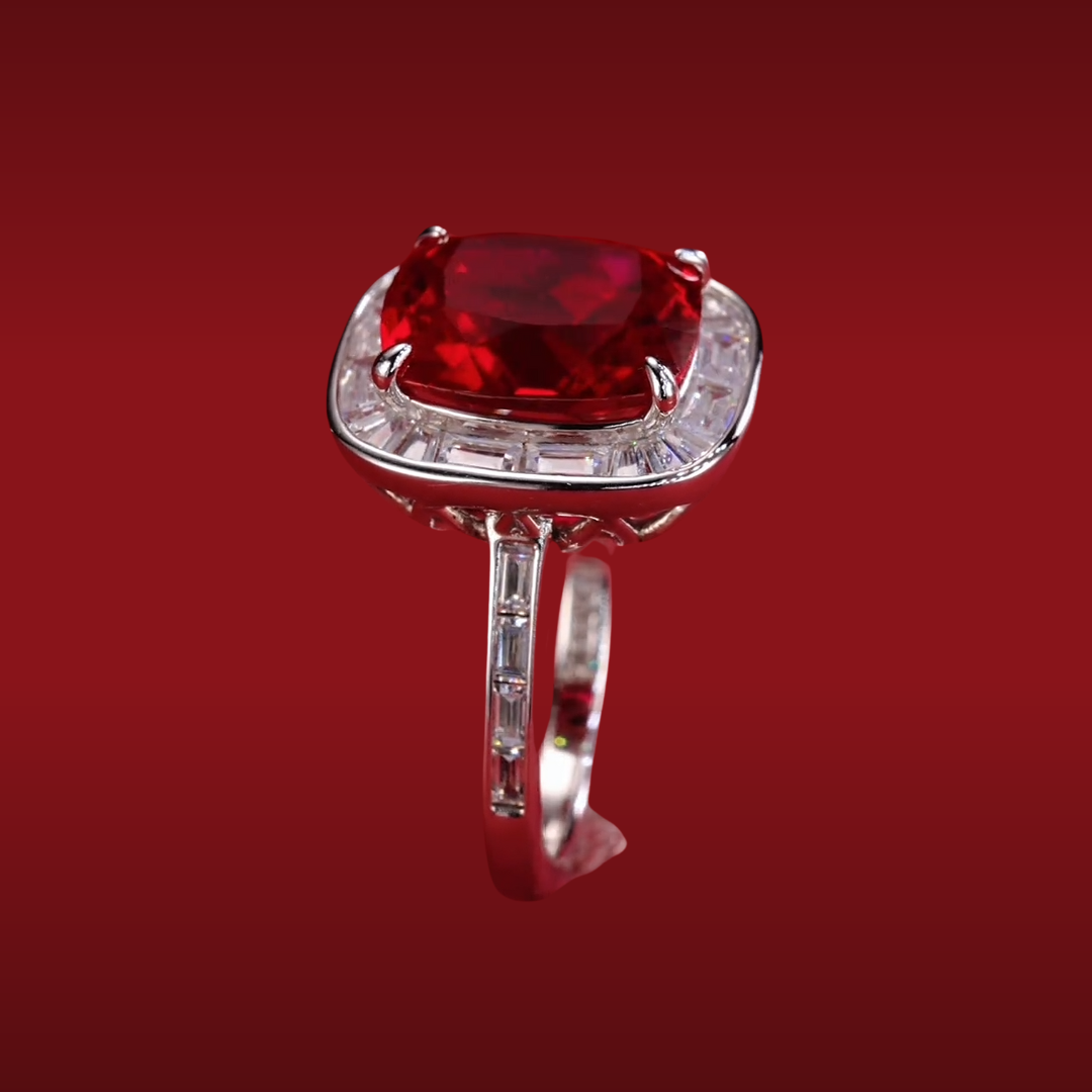 The Scarlet Reverie Ring | Cushion Cut Created Ruby Pavé Halo Ring in 18K Gold Vermeil (2.5ct / 5ct)
