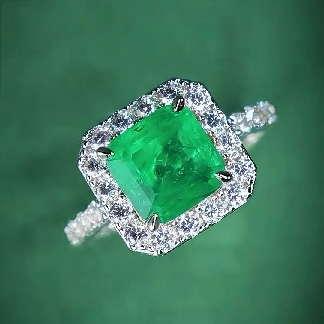 Garden Light Ring | 2ct Cushion Cut Created Emerald Halo Ring in 18k White Gold Vermeil