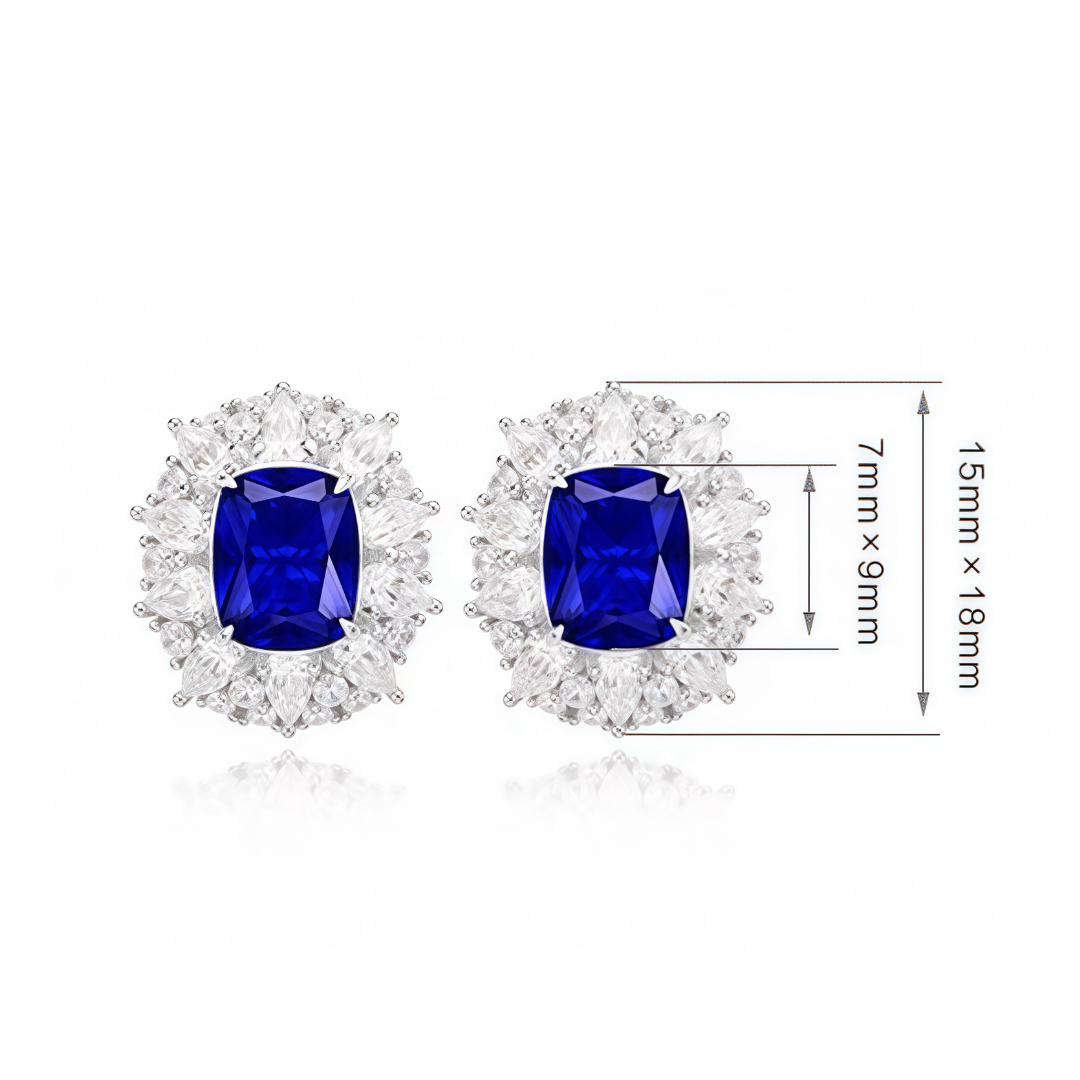 The Blue Danube Earrings | Cushion Cut Created Royal Blue Sapphire Halo Studs in 18k Gold Vermeil