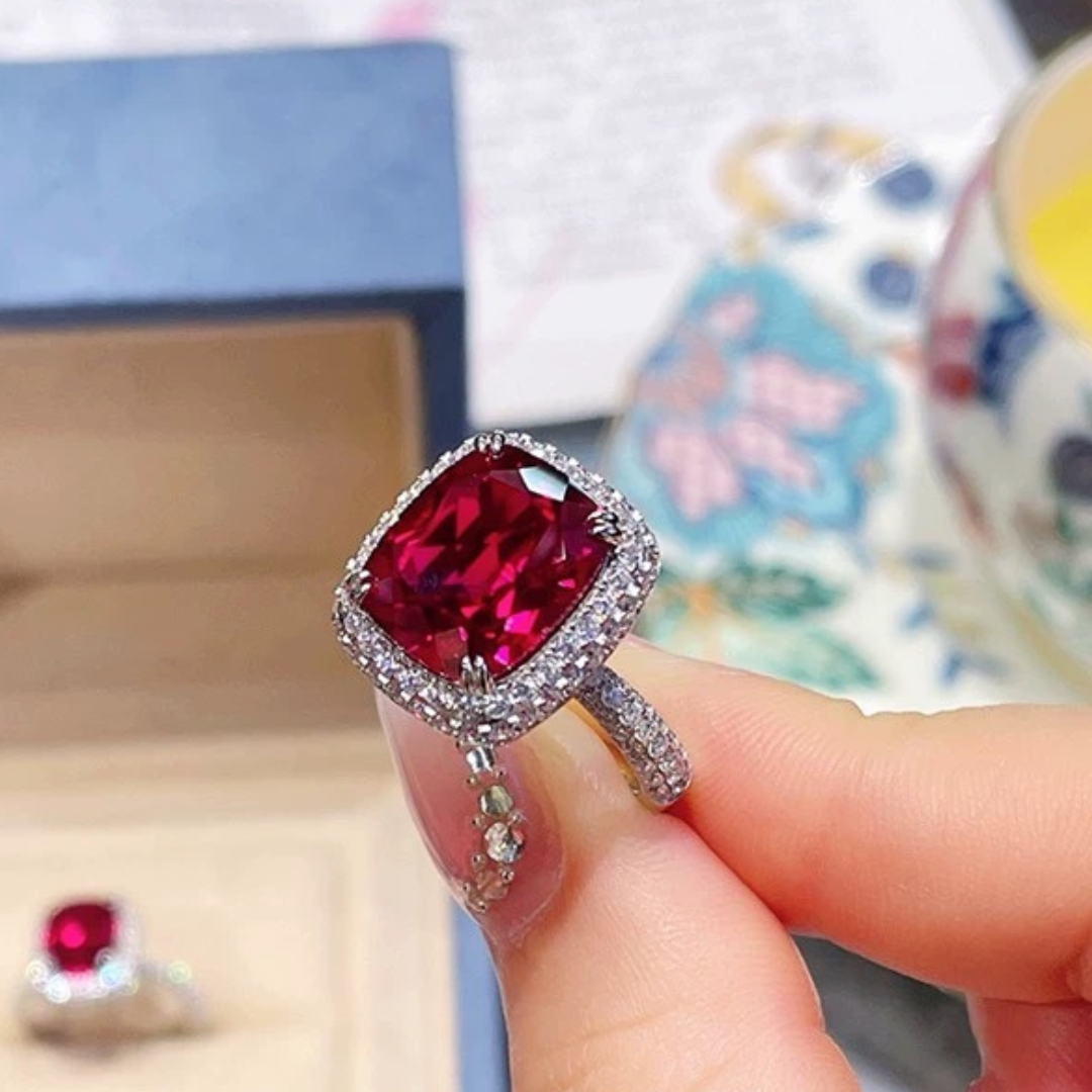 The Scarlet Reverie Ring | Cushion Cut Created Ruby Pavé Halo Ring in 18K Gold Vermeil (2.5ct / 5ct)