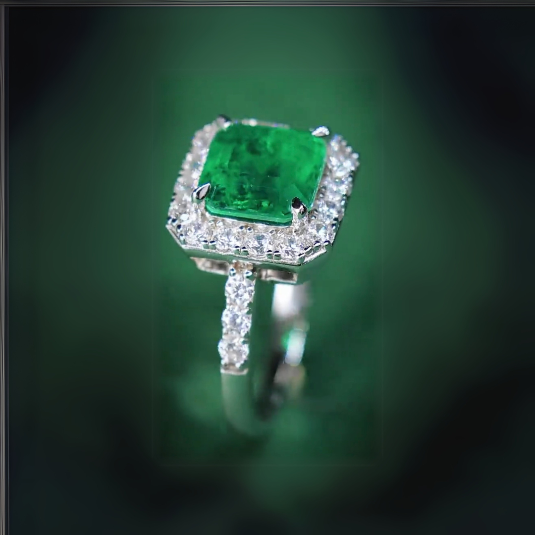 Garden Light Ring | 2ct Cushion Cut Created Emerald Halo Ring in 18k White Gold Vermeil
