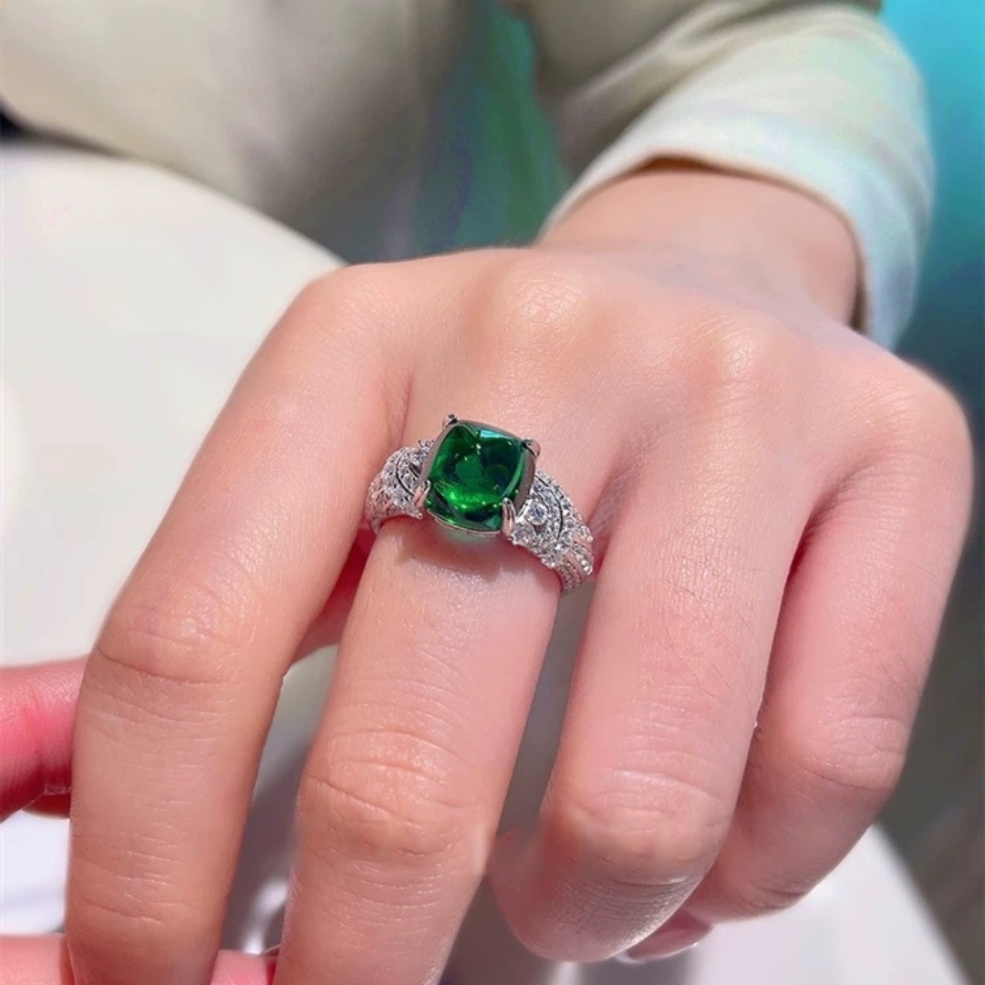Verdant Embrace Ring | 5ct Sugarloaf Cut Created Emerald Pavé Ring in 18k White Gold Vermeil