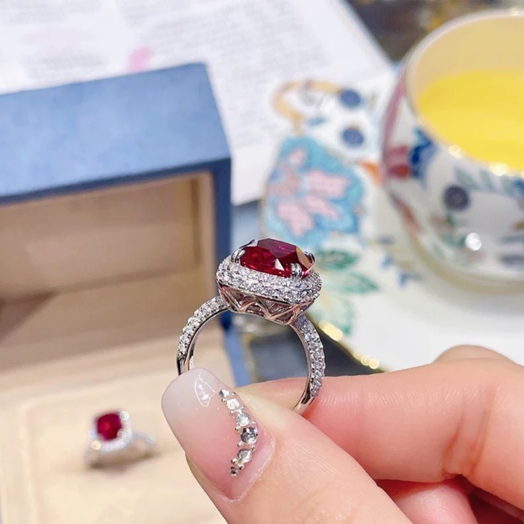 The Scarlet Reverie Ring | Cushion Cut Created Ruby Pavé Halo Ring in 18K Gold Vermeil (2.5ct / 5ct)