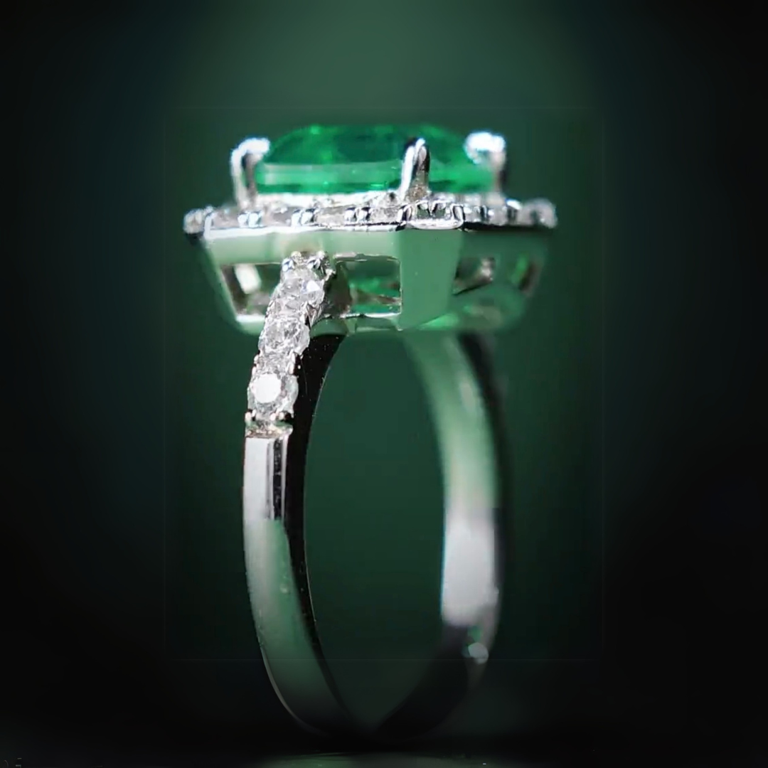 Garden Light Ring | 2ct Cushion Cut Created Emerald Halo Ring in 18k White Gold Vermeil