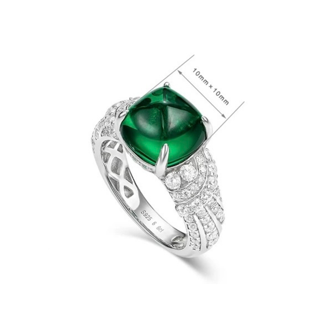 Verdant Embrace Ring | 5ct Sugarloaf Cut Created Emerald Pavé Ring in 18k White Gold Vermeil