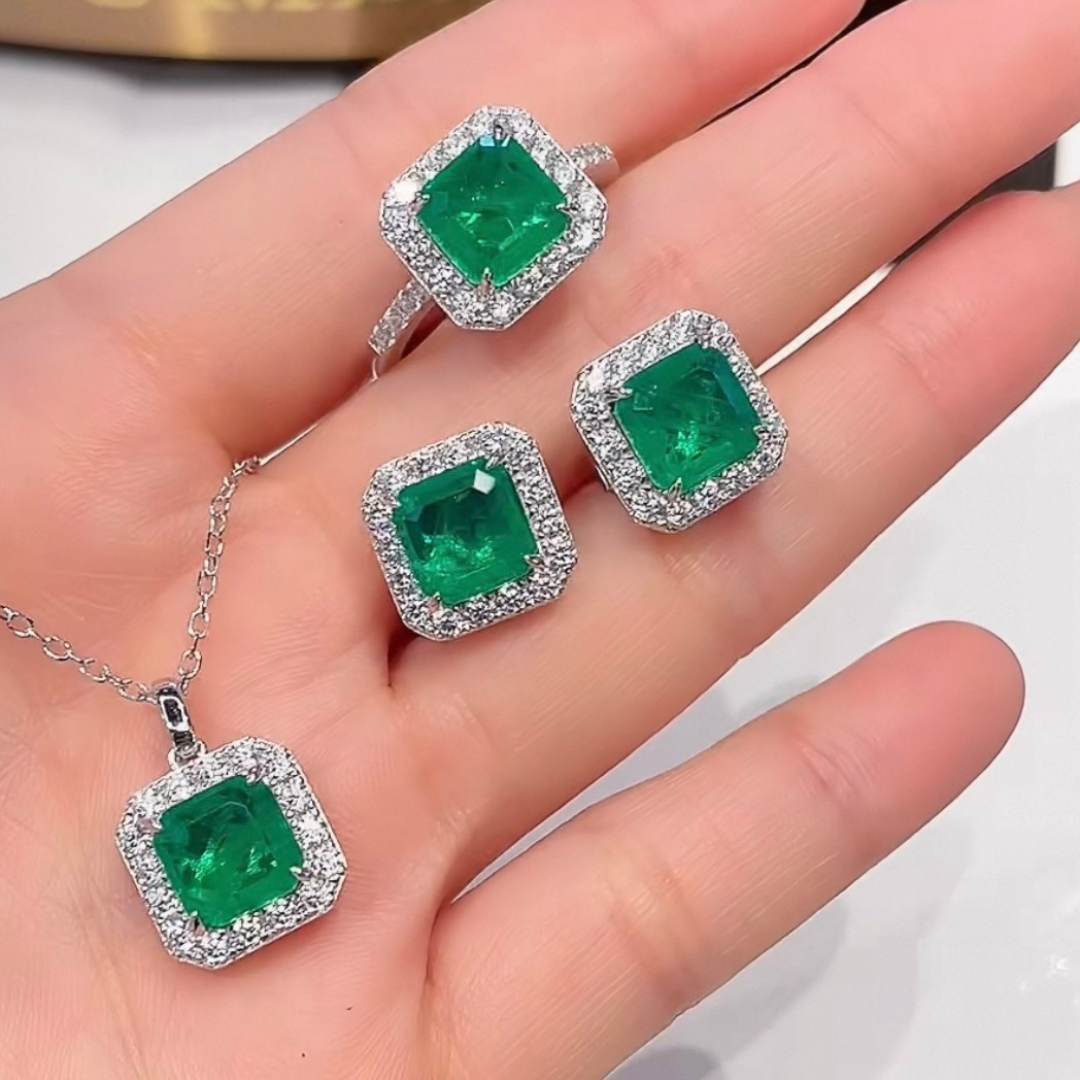 Garden Light Ring | 2ct Cushion Cut Created Emerald Halo Ring in 18k White Gold Vermeil