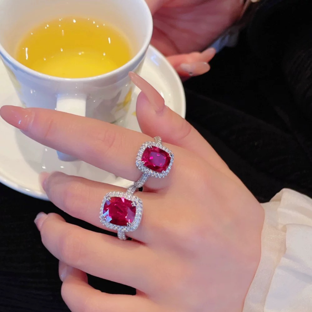 The Scarlet Reverie Ring | Cushion Cut Created Ruby Pavé Halo Ring in 18K Gold Vermeil (2.5ct / 5ct)