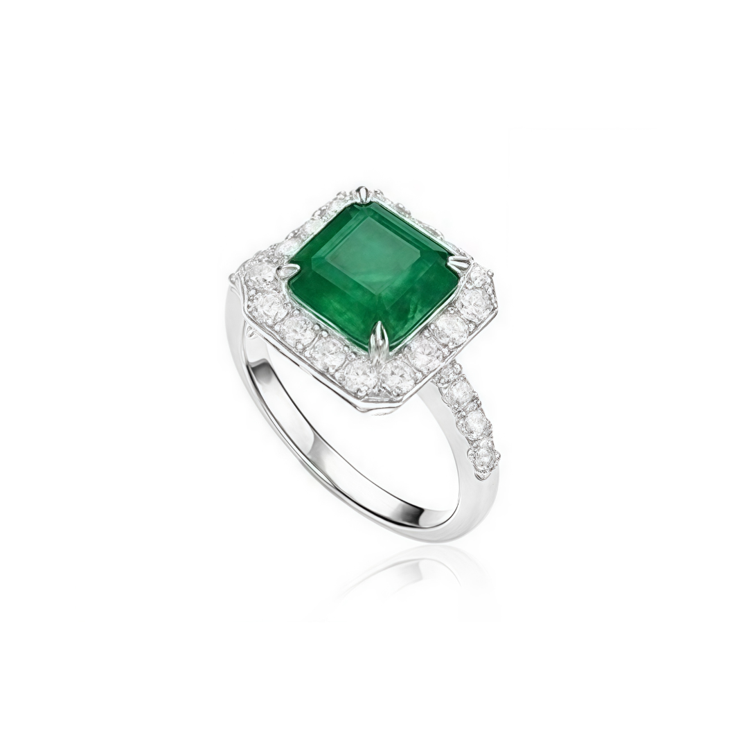 Garden Light Ring | 2ct Cushion Cut Created Emerald Halo Ring in 18k White Gold Vermeil