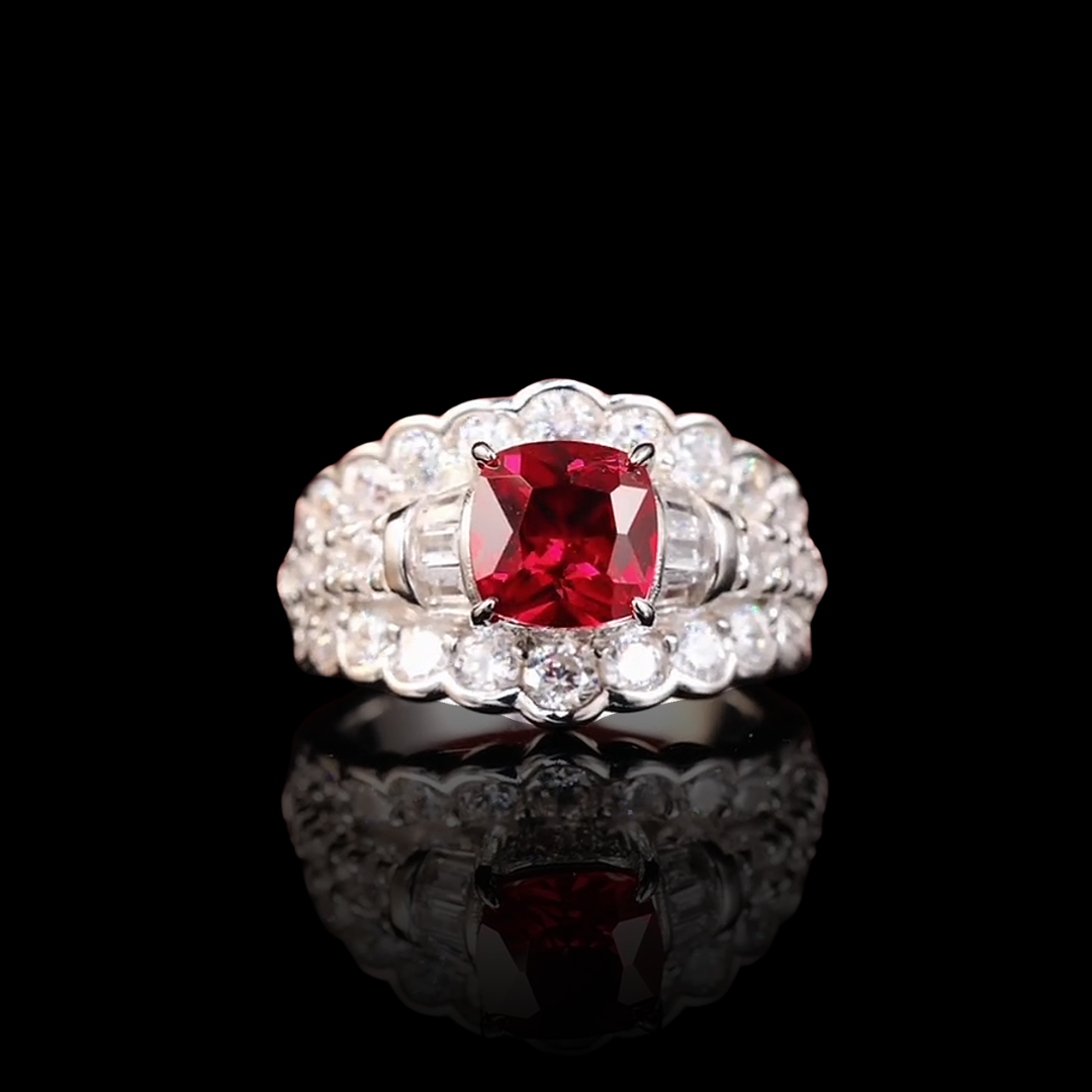 Regal Garland Ring | 3ct Cushion Cut Created Ruby Scalloped Halo Ring in 18k Gold Vermeil
