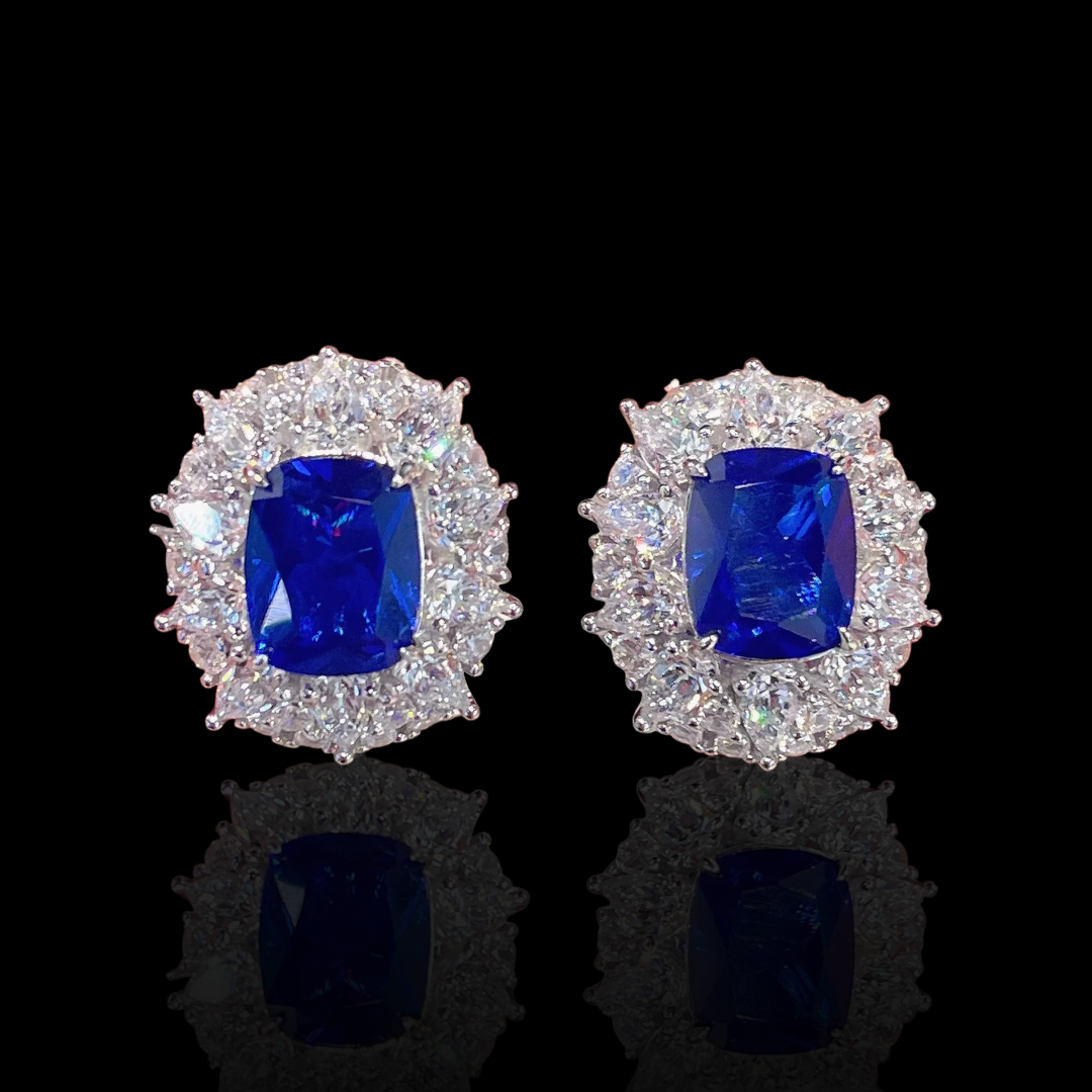 The Blue Danube Earrings | Cushion Cut Created Royal Blue Sapphire Halo Studs in 18k Gold Vermeil