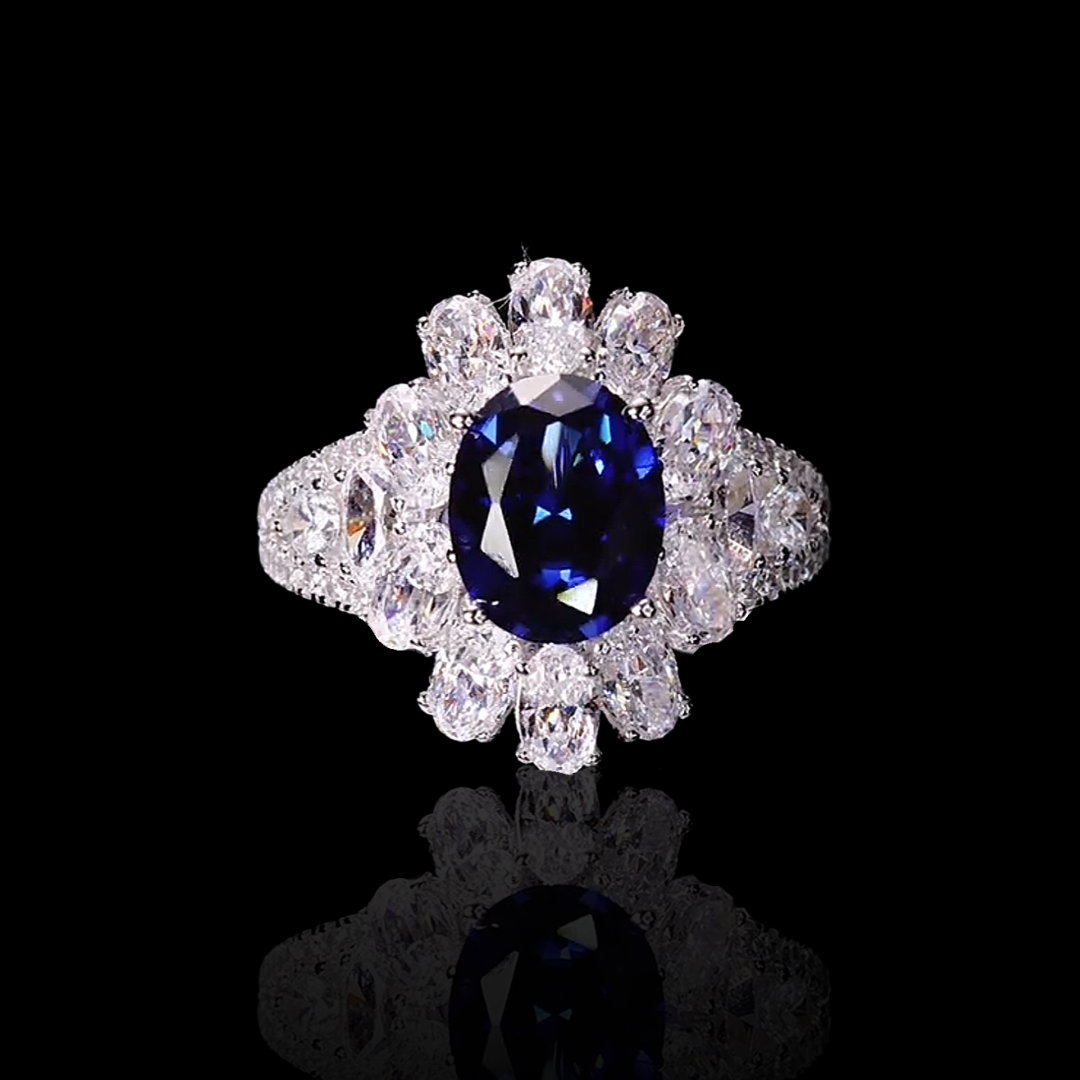 Celestial Bloom Ring | 2.5ct Oval Cut Created Sapphire Halo Ring in 18k Gold Vermeil