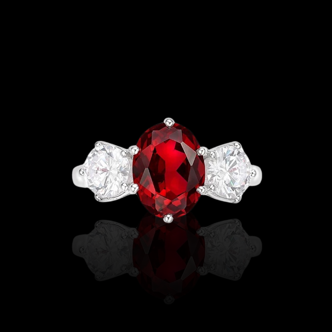 Crimson Embrace Ring | 2ct Oval Cut Created Ruby Three-Stone Ring in 18k Gold Vermeil
