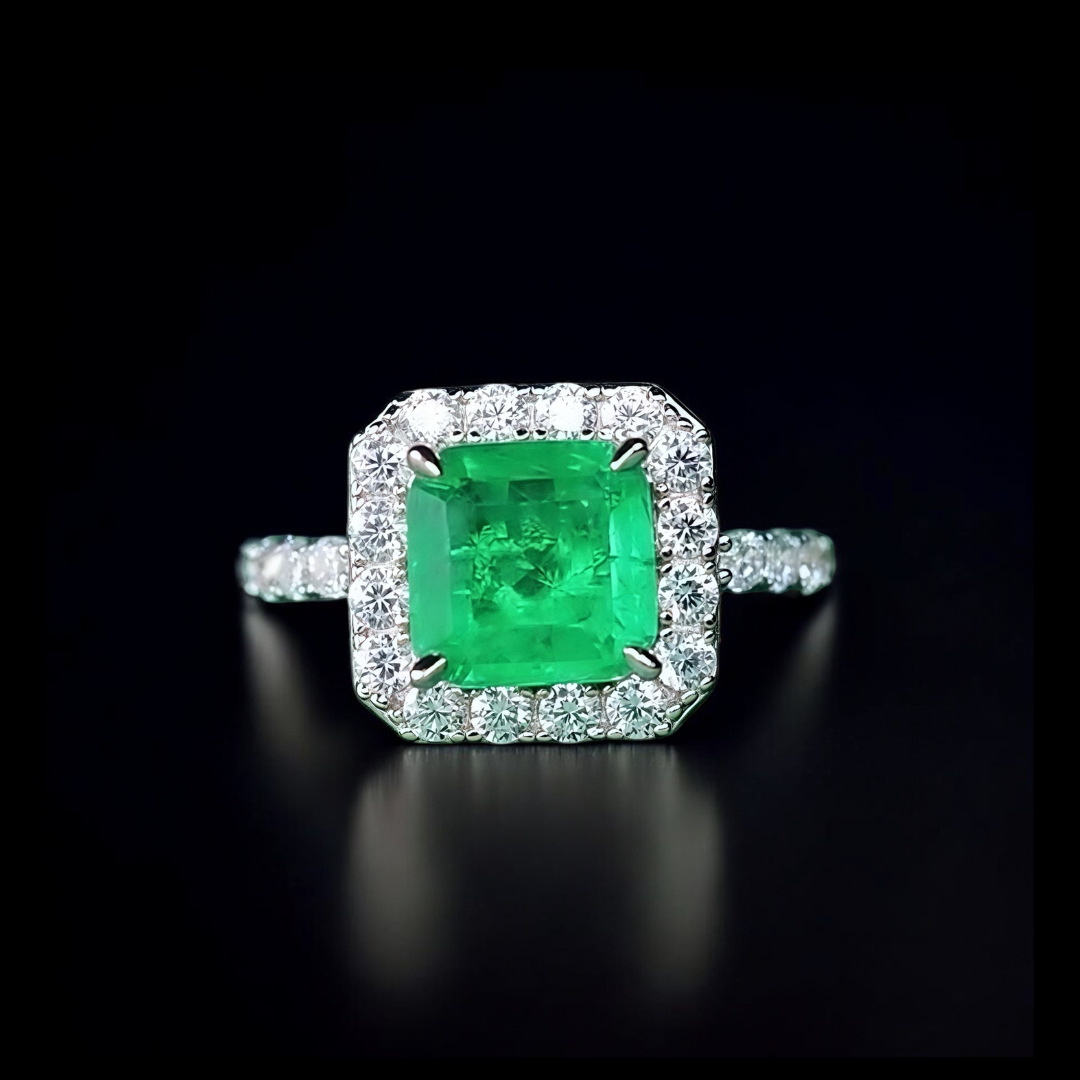 Garden Light Ring | 2ct Cushion Cut Created Emerald Halo Ring in 18k White Gold Vermeil