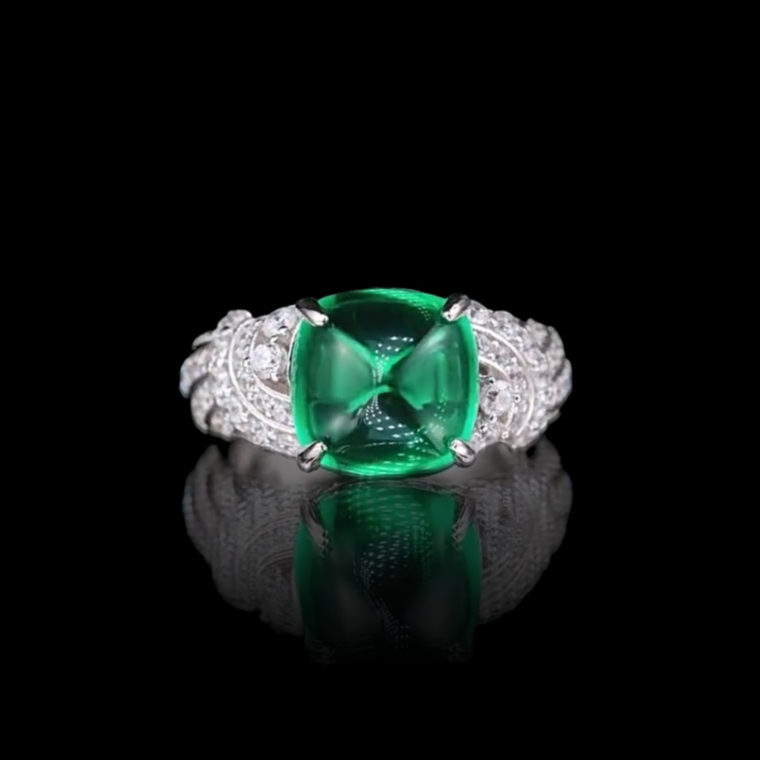 Verdant Embrace Ring | 5ct Sugarloaf Cut Created Emerald Pavé Ring in 18k White Gold Vermeil