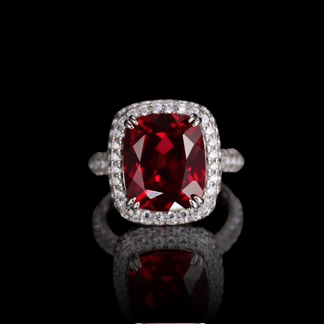 The Scarlet Reverie Ring | Cushion Cut Created Ruby Pavé Halo Ring in 18K Gold Vermeil (2.5ct / 5ct)