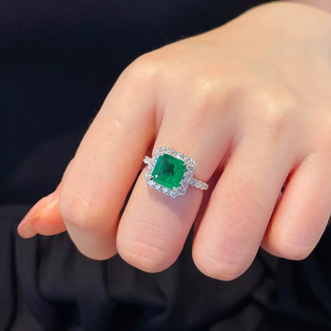 Garden Light Ring | 2ct Cushion Cut Created Emerald Halo Ring in 18k White Gold Vermeil