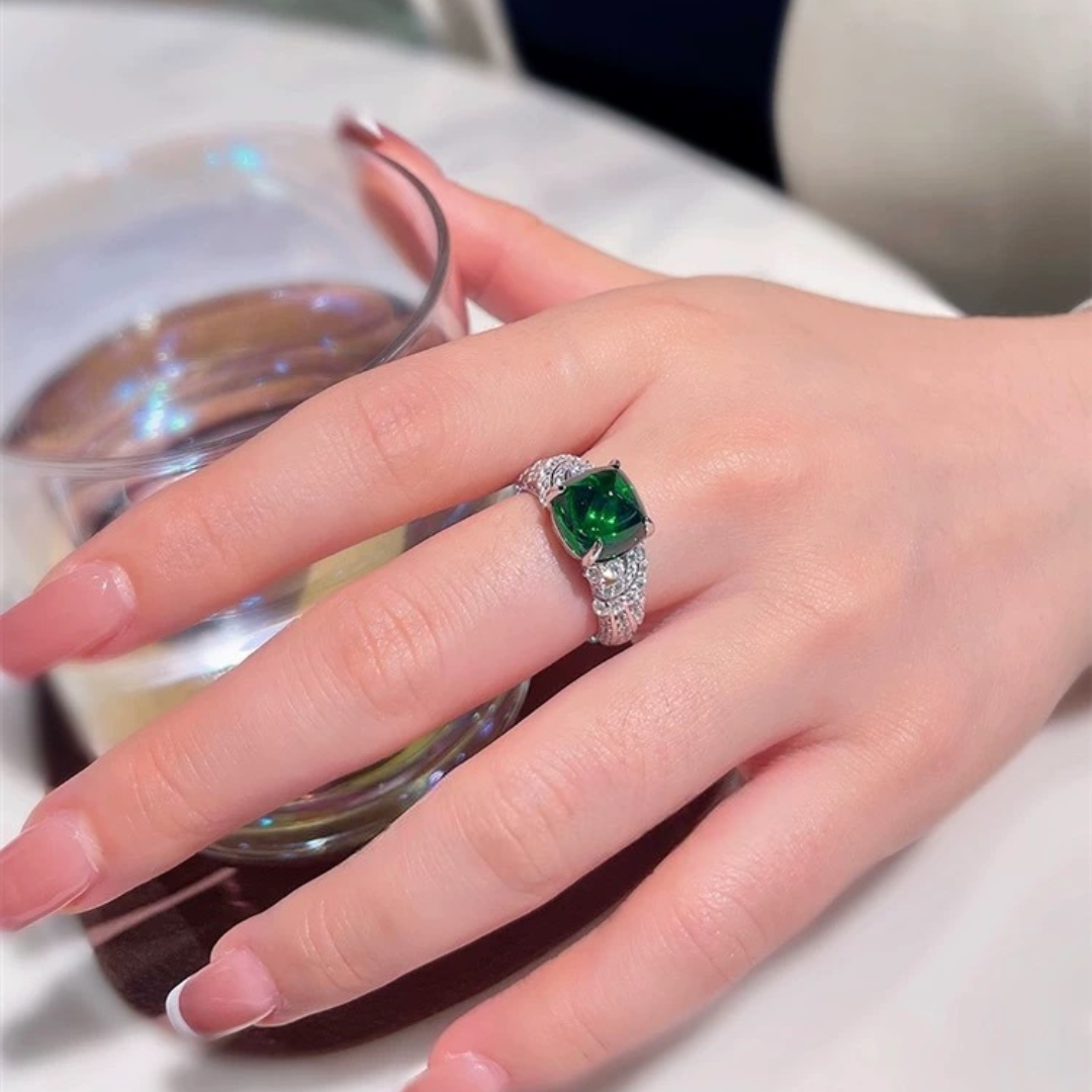 Verdant Embrace Ring | 5ct Sugarloaf Cut Created Emerald Pavé Ring in 18k White Gold Vermeil