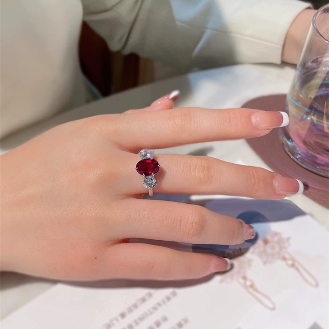 Crimson Embrace Ring | 2ct Oval Cut Created Ruby Three-Stone Ring in 18k Gold Vermeil
