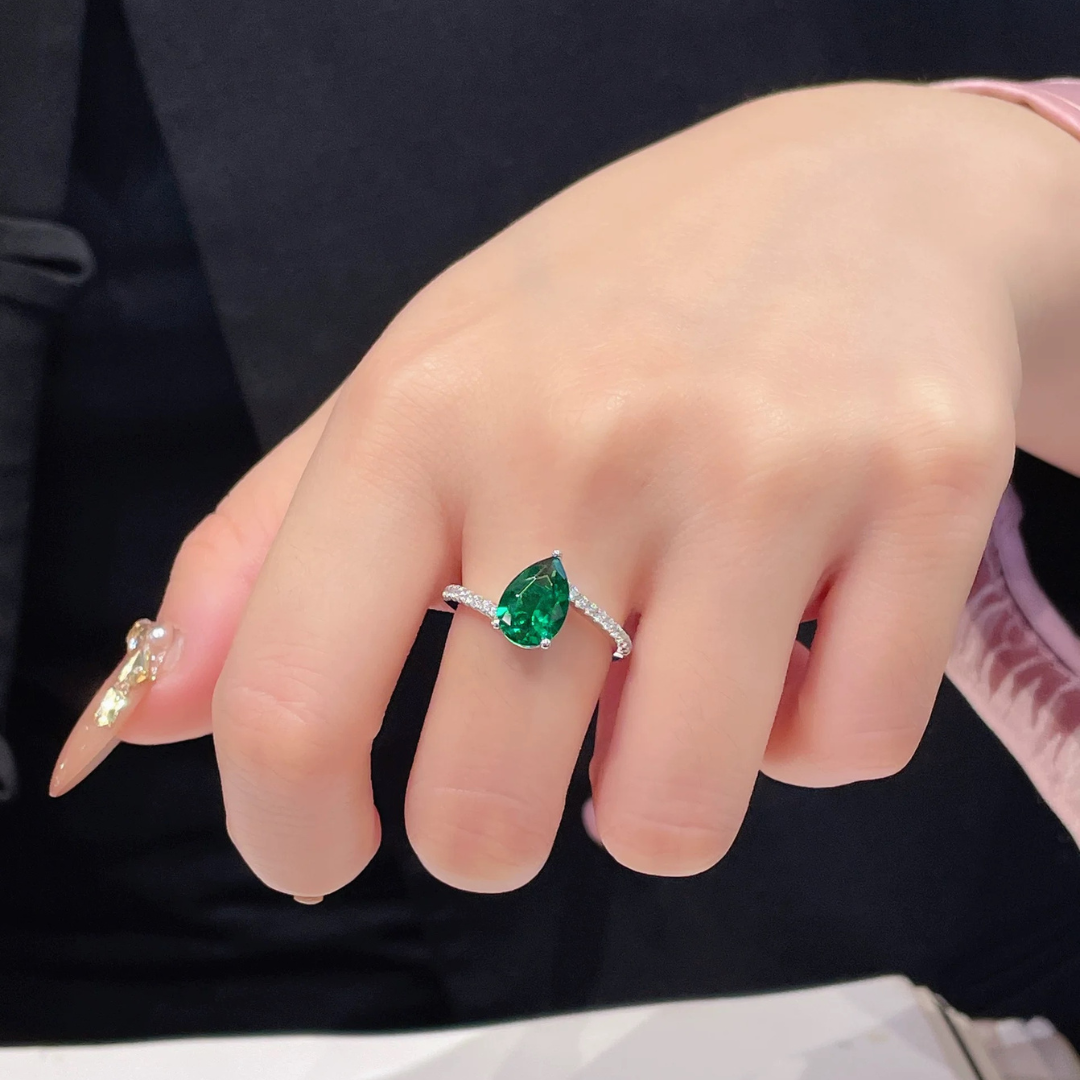 Emerald Whisper Ring | 2ct Pear Cut Created Emerald Ring in 18k Gold Vermeil