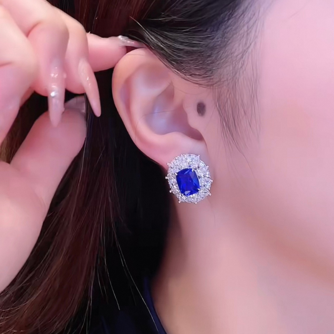 The Blue Danube Earrings | Cushion Cut Created Royal Blue Sapphire Halo Studs in 18k Gold Vermeil