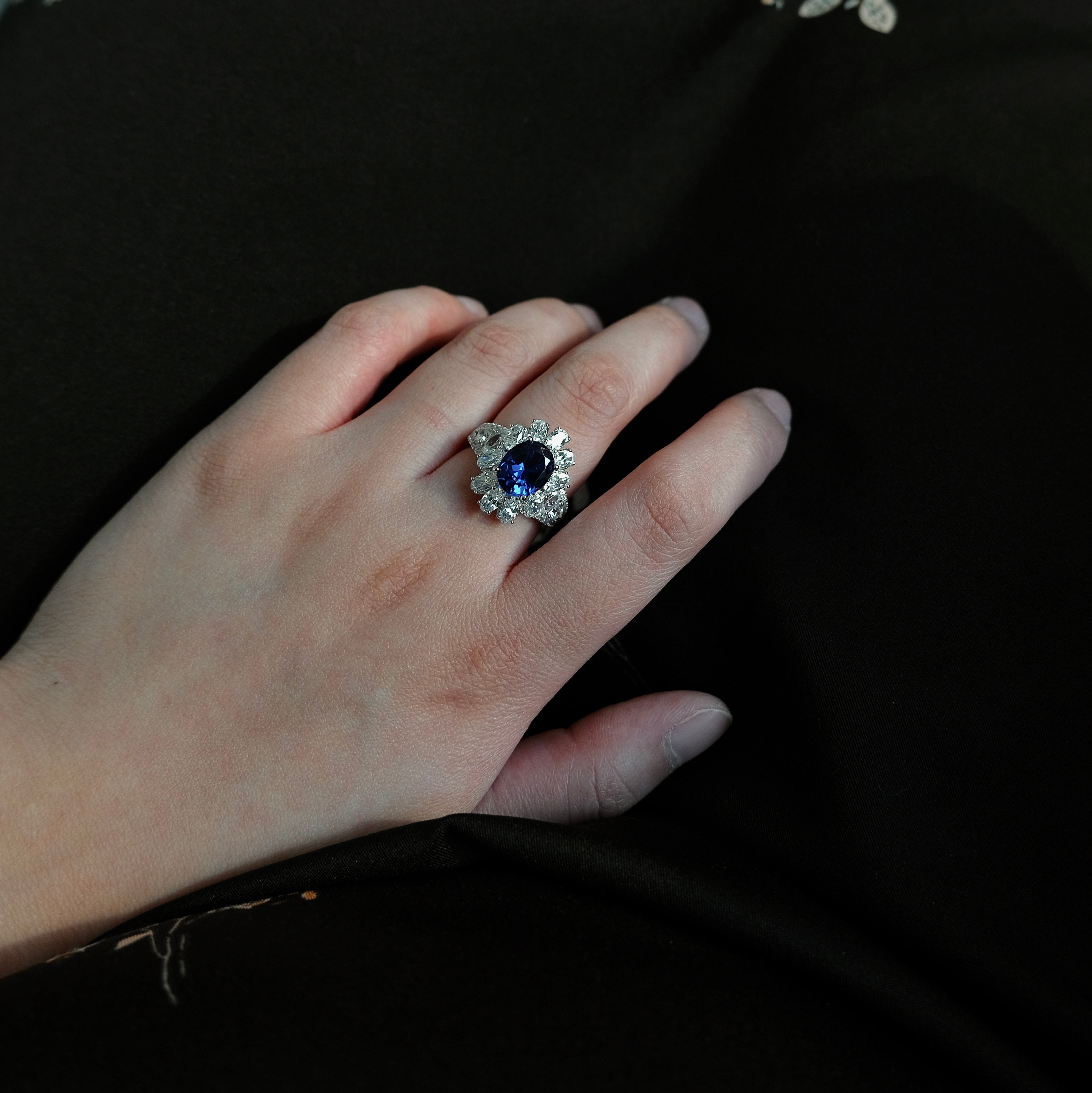 Celestial Bloom Ring | 2.5ct Oval Cut Created Sapphire Halo Ring in 18k Gold Vermeil