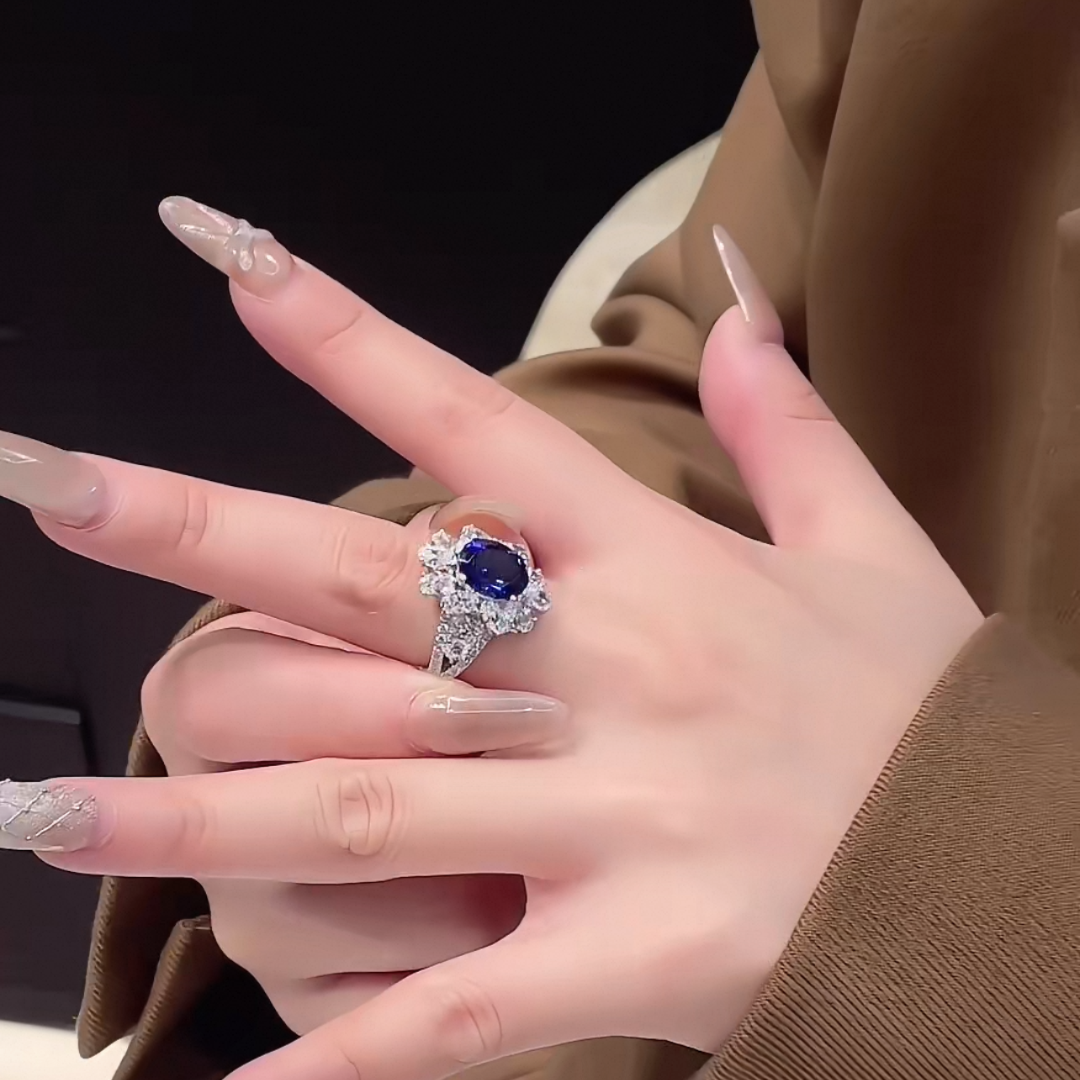 Celestial Bloom Ring | 2.5ct Oval Cut Created Sapphire Halo Ring in 18k Gold Vermeil
