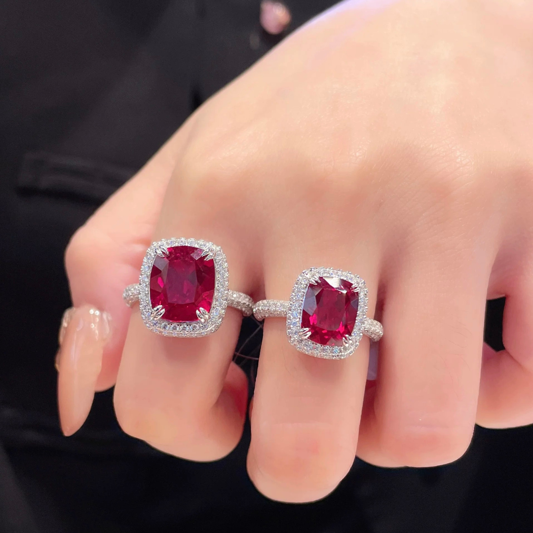 The Scarlet Reverie Ring | Cushion Cut Created Ruby Pavé Halo Ring in 18K Gold Vermeil (2.5ct / 5ct)