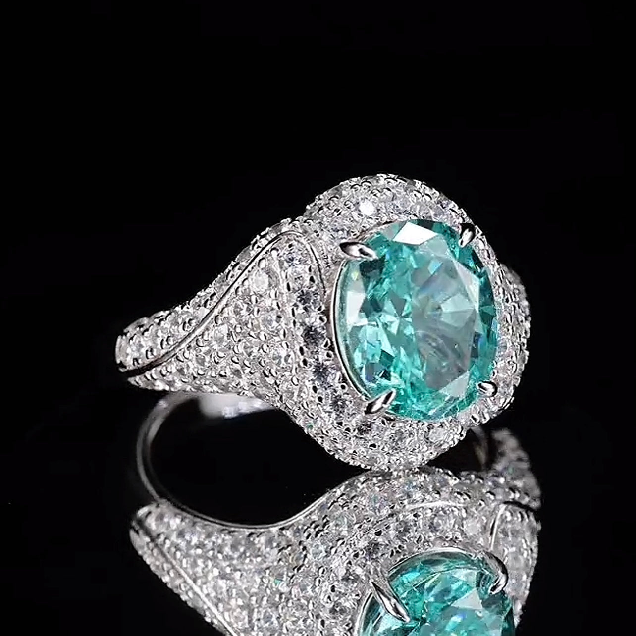 Aurora Glow Ring | 3.5ct Oval Cut Paraiba Coloured Zirconia Pave Halo Ring in 18k Gold Vermeil