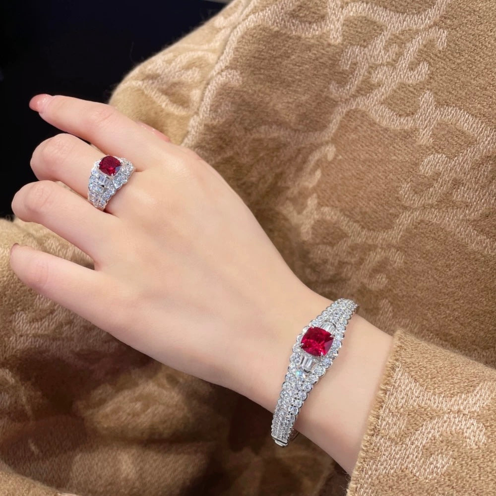 Regal Garland Ring | 3ct Cushion Cut Created Ruby Scalloped Halo Ring in 18k Gold Vermeil