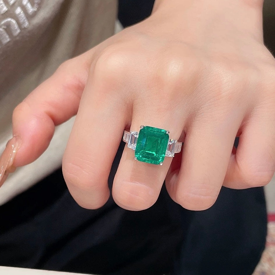 Vittoria Majestic Ring | 5.3ct Emerald Cut Created Emerald Three-Stone Ring in 18k Gold Vermeil