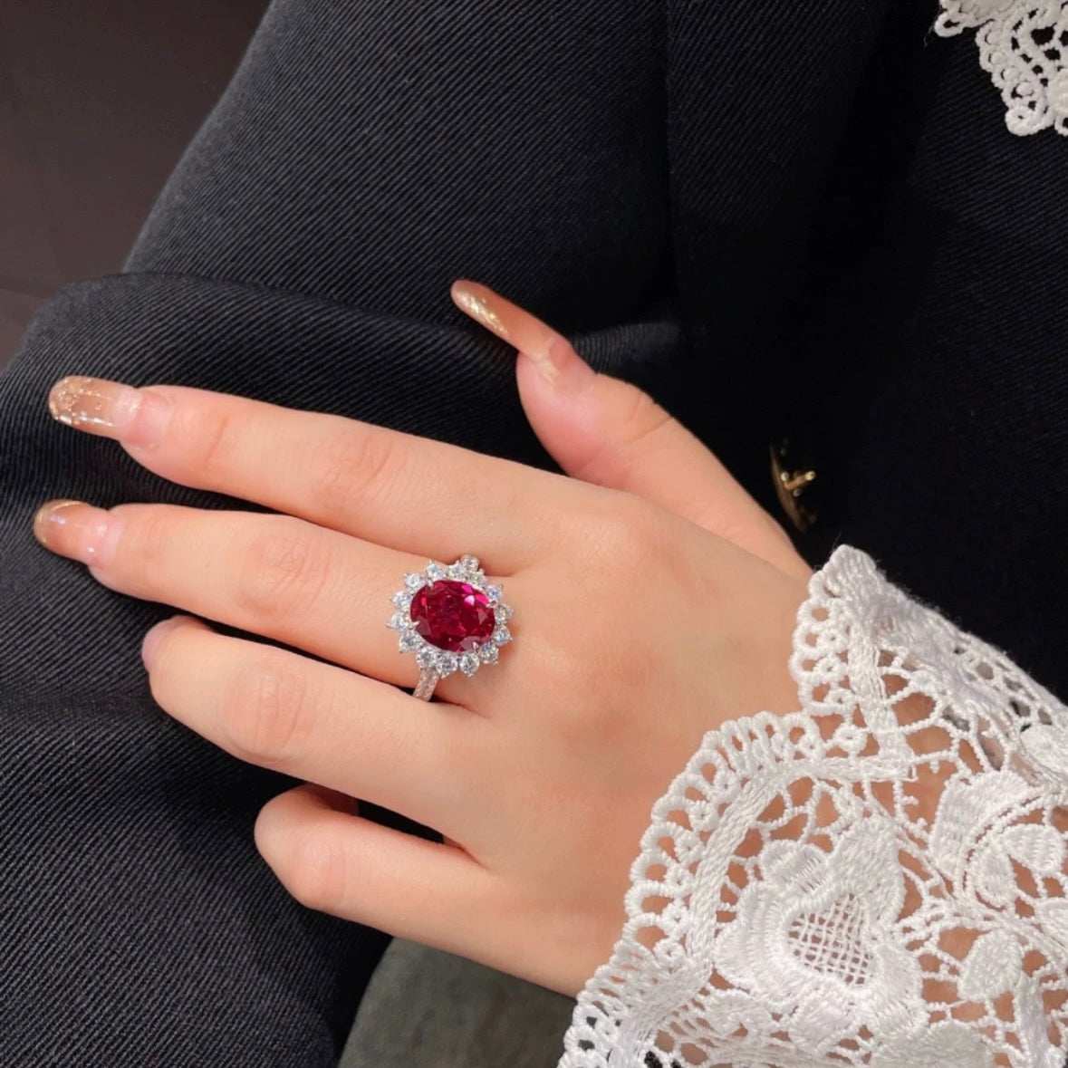 Scarlet Crown Ring | 4ct Oval Cut Created Ruby Halo Ring in 18k Gold Vermeil