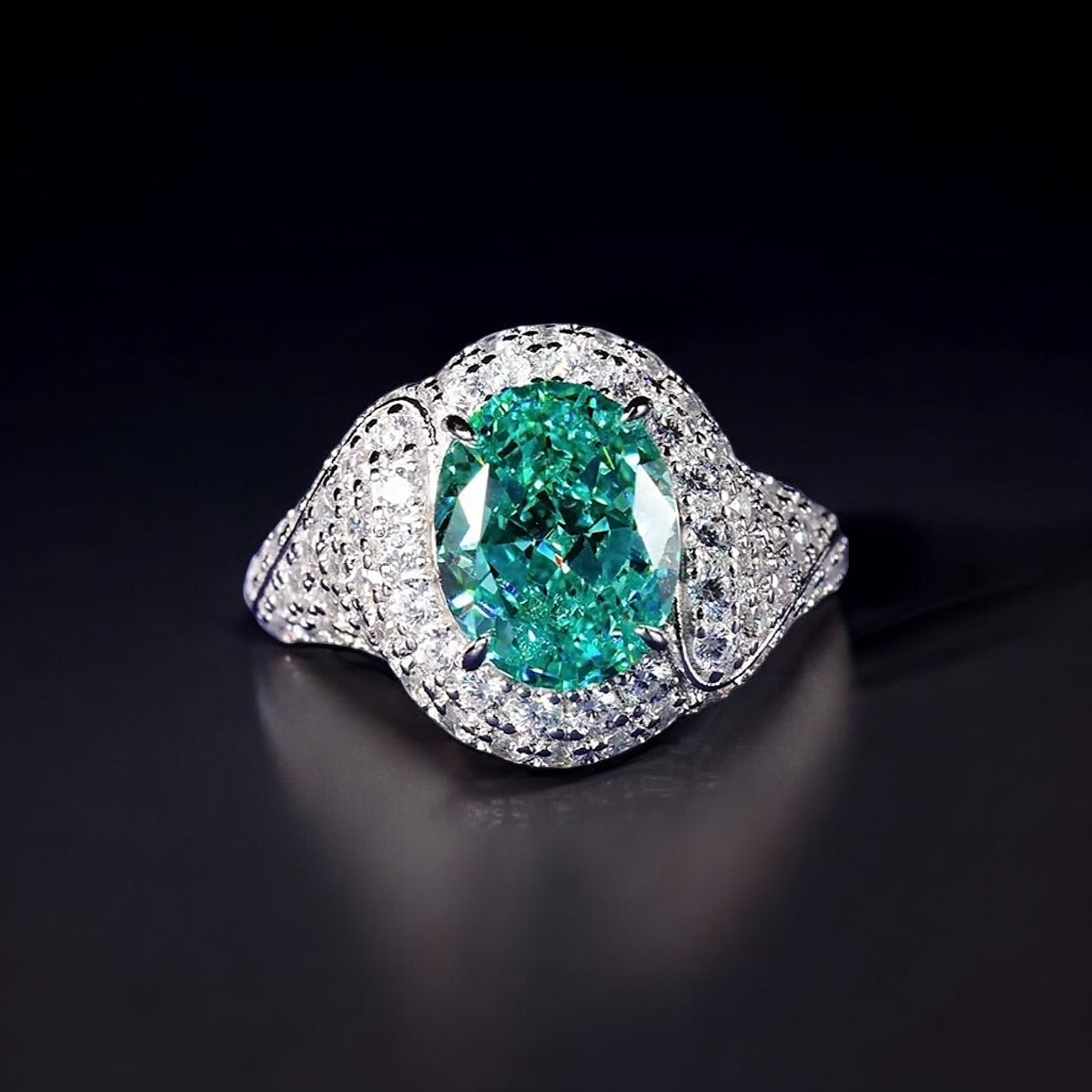 Aurora Glow Ring | 3.5ct Oval Cut Paraiba Coloured Zirconia Pave Halo Ring in 18k Gold Vermeil