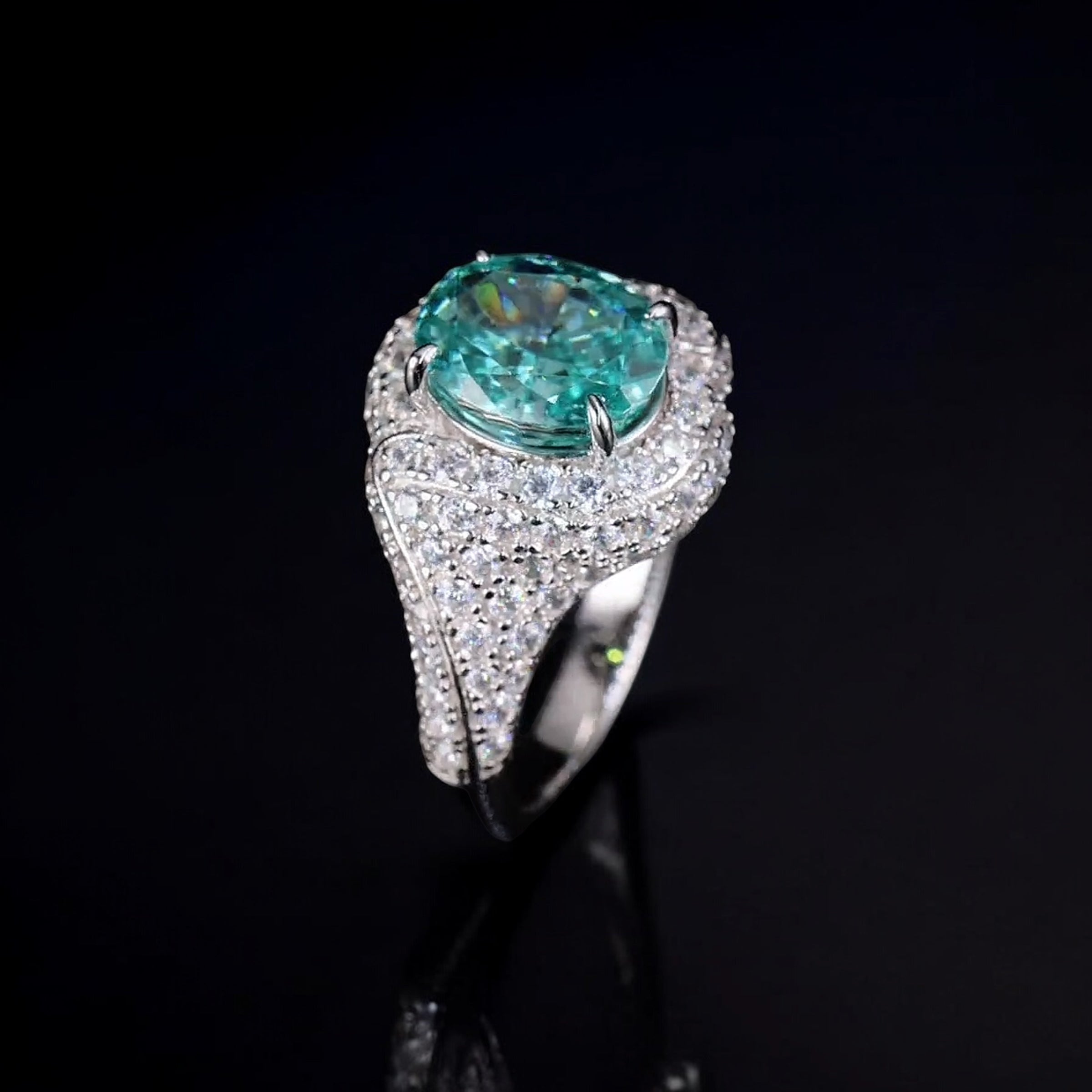 Aurora Glow Ring | 3.5ct Oval Cut Paraiba Coloured Zirconia Pave Halo Ring in 18k Gold Vermeil
