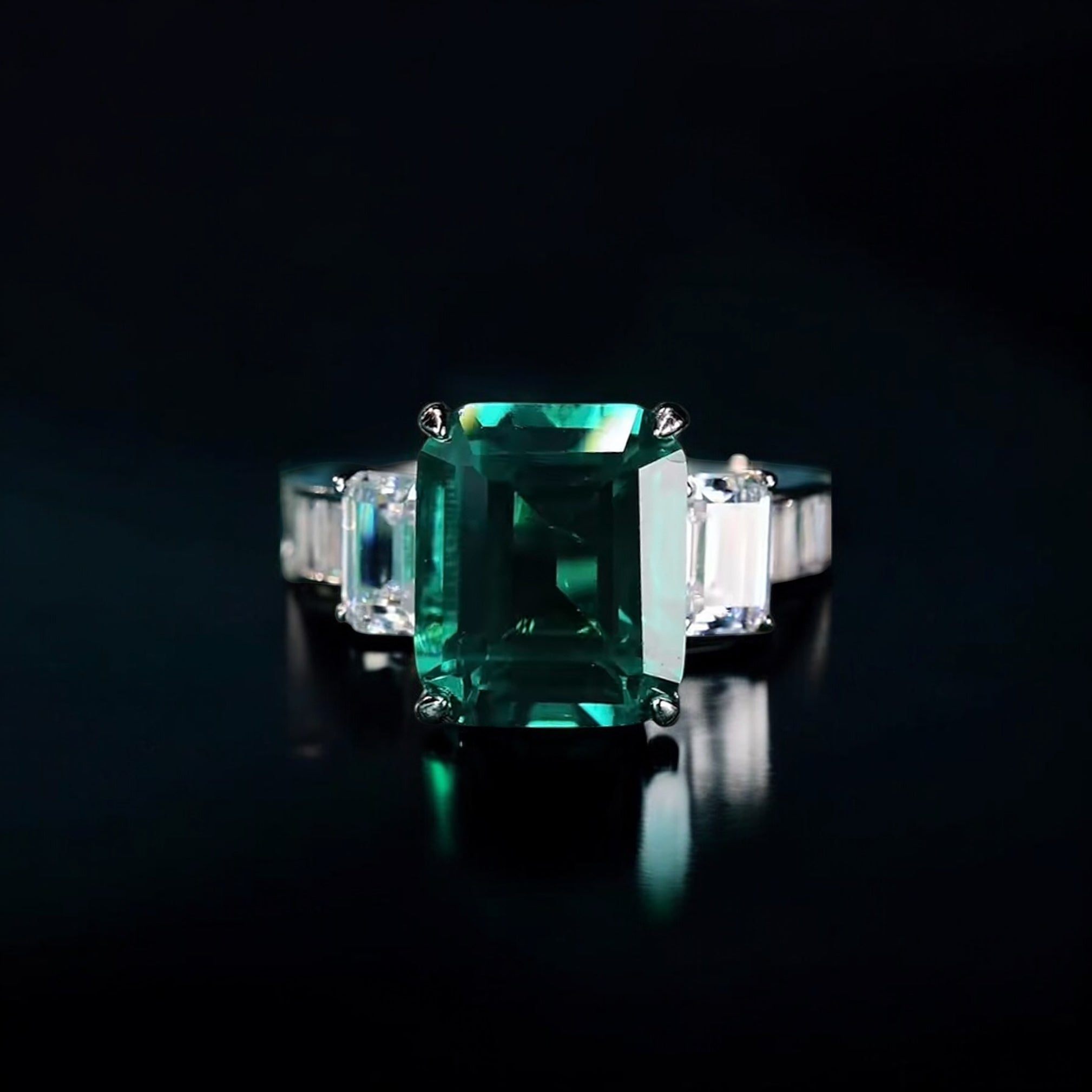 Vittoria Majestic Ring | 5.3ct Emerald Cut Created Emerald Three-Stone Ring in 18k Gold Vermeil