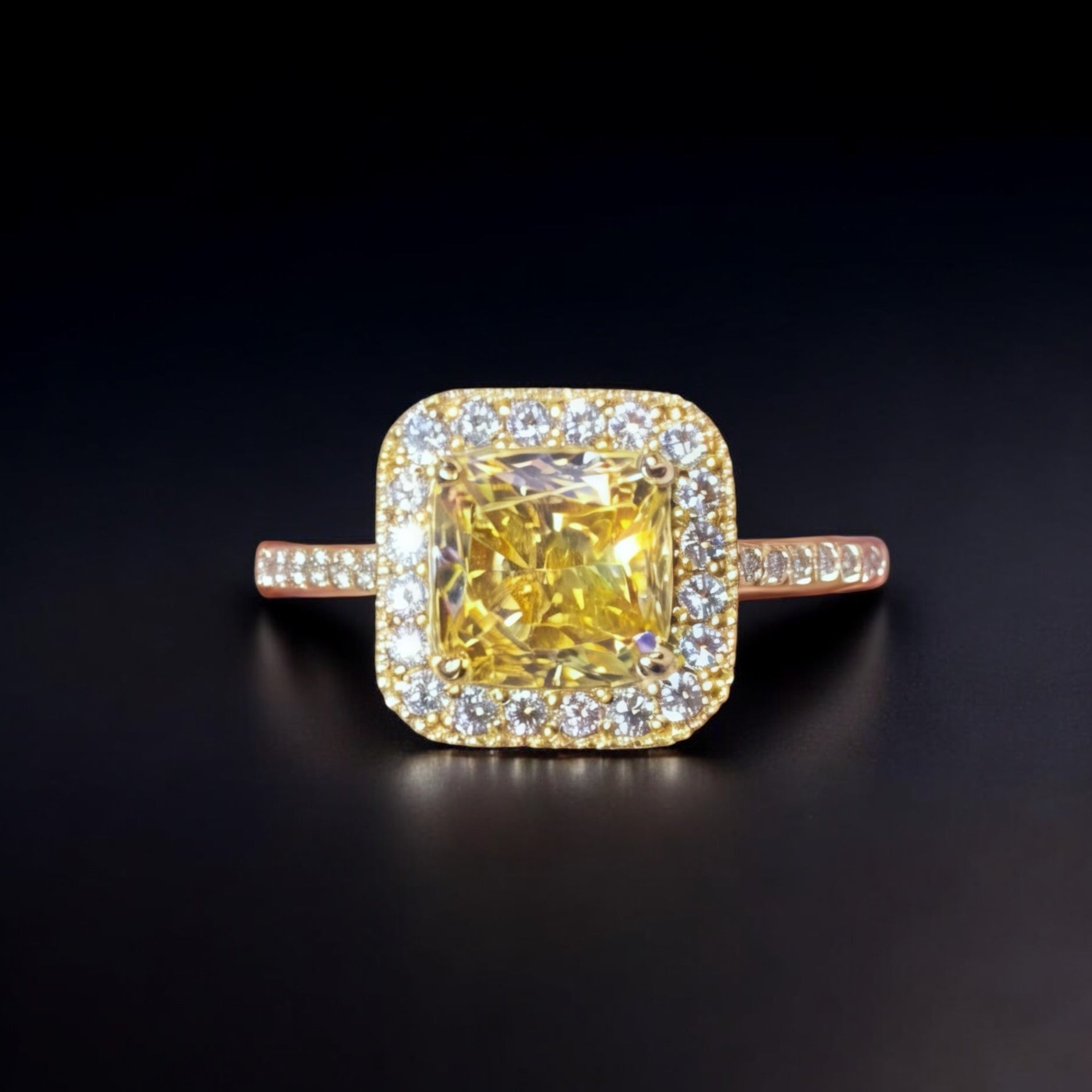 Golden Muse Ring | 1.8ct Radiant Cut Yellow Cubic Zirconia Halo Ring in 18k Gold Vermeil