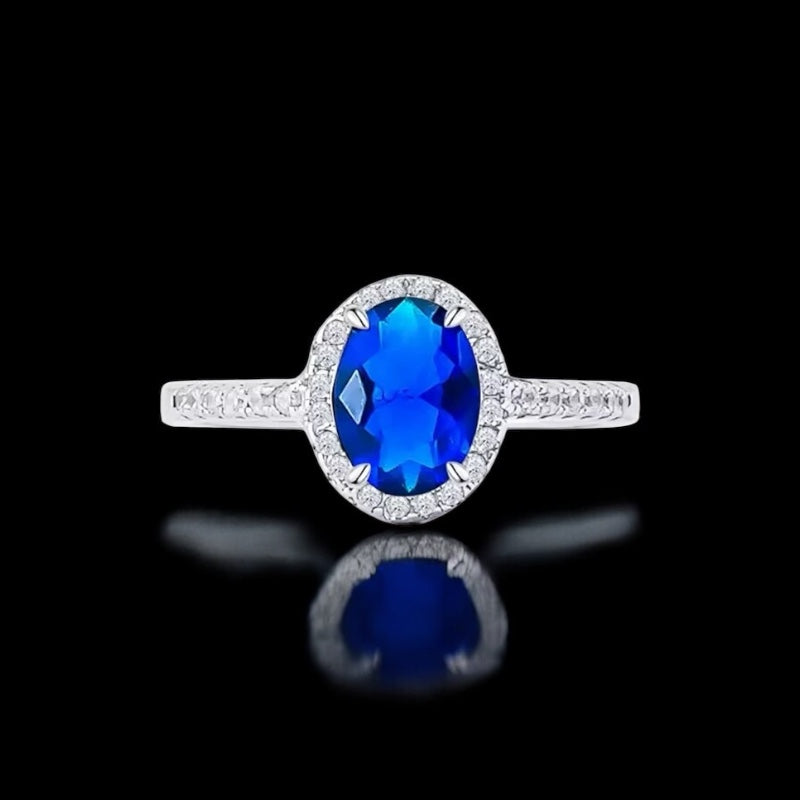 Azure Whisper Ring | 1.5ct Classic Oval-Cut Created Sapphire Ring with Delicate Halo in 18k Gold Vermeil