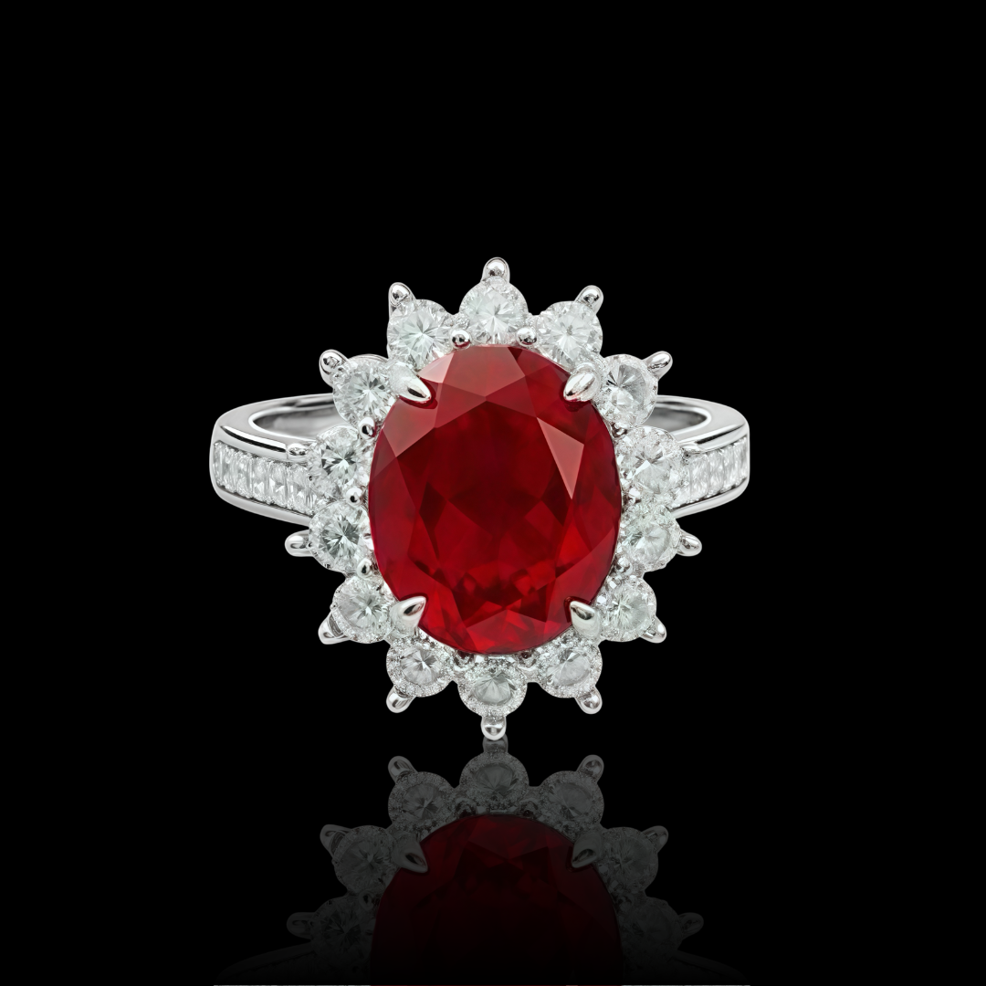 Scarlet Crown Ring | 4ct Oval Cut Created Ruby Halo Ring in 18k Gold Vermeil
